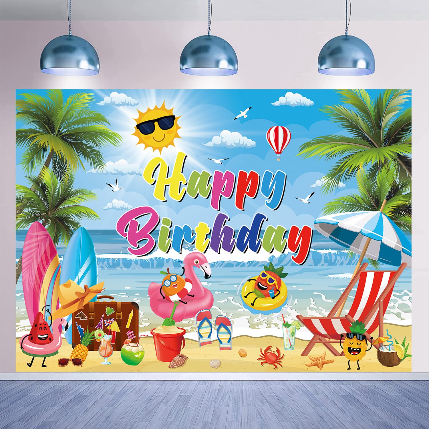 Summer Happy Birthday Backdrop 8x6FT Tropical Hawaiian Beach Photography Background Summer Pool Party Birthday Party Decoration Supplies