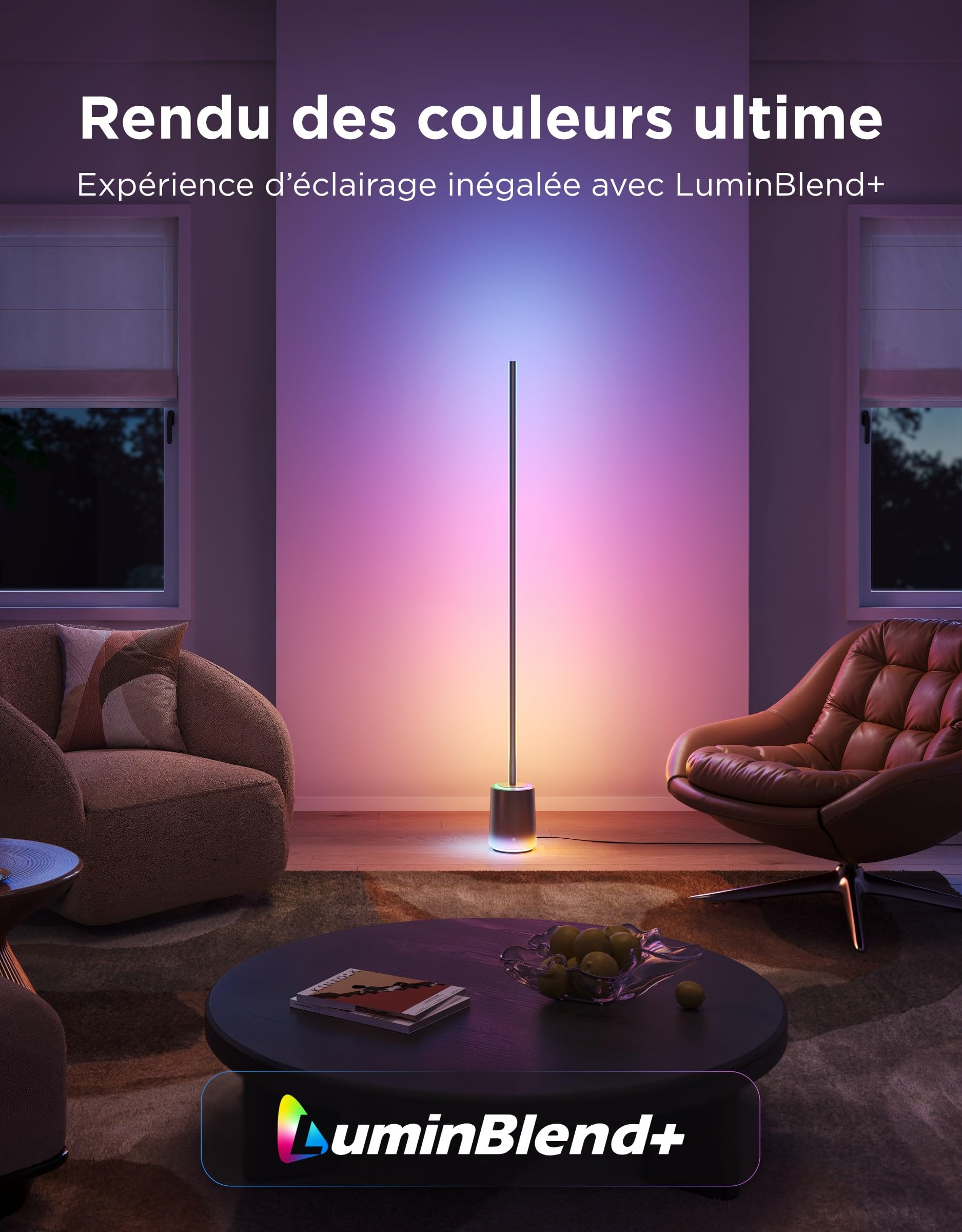 Govee Lampe au sol 3, technologie Luminblend+, RGBWWIC 2100lm dimmable, compatible Matter, 1000-10000K, lampe moderne pour salon, chambre, coin, avec scènes dynamiques
