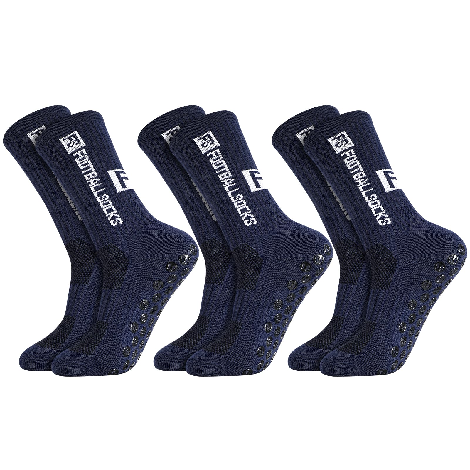 FANTESI 3 Paare Fußballsocken für Herren Damen, Sportsocken Fußball Anti Rutsch Grip Fußball Socken 39-46 Rutschfeste Sportsocken für Fussball Basketball Laufen, Dunkelblau