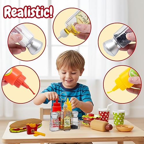 Miniatura 2 de Kiddie Play Juegos de comida para la cocina de los niños, juego de comida rápida y condimentos con hamburguesa, perrito caliente, papas fritas,