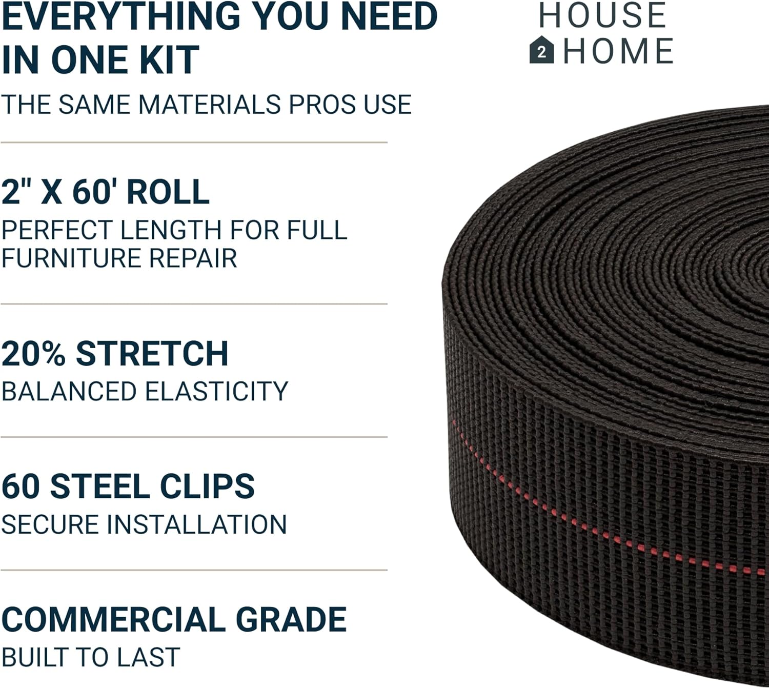 House2Home Replacement Elastic Webbing Kit to Repair Sagging Couch, Chair, Lawn,and Patio Furniture, Includes Installation Instructions, 2 Inch Wide x 60 Ft. Metal Webbing Clips