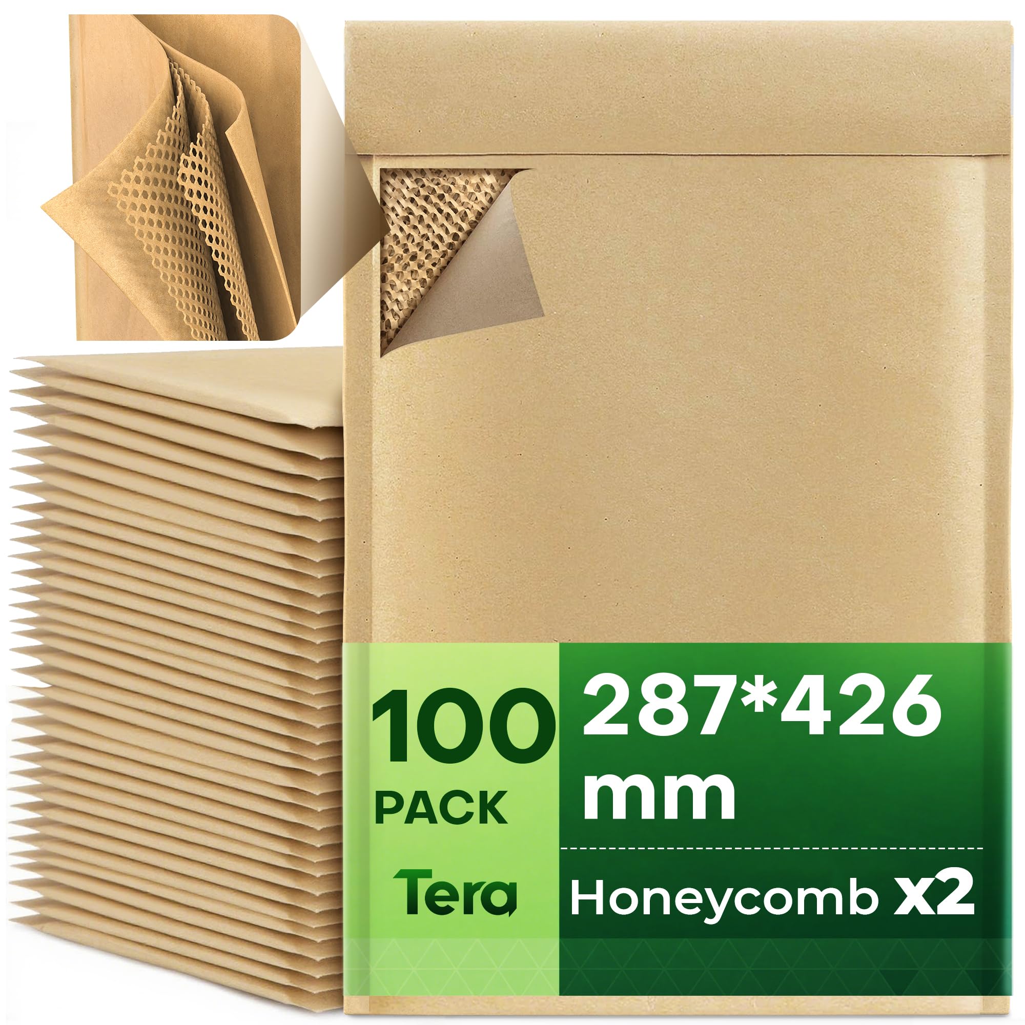 Tera Sobres de papel acolchados de panal: A3, 100 unidades, 28,7 x 42,5 cm, ecológicos, 4 capas, autoadhesivos, biodegradables, compostables, reciclables, ideales para joyas, negocios, bolsas de envío