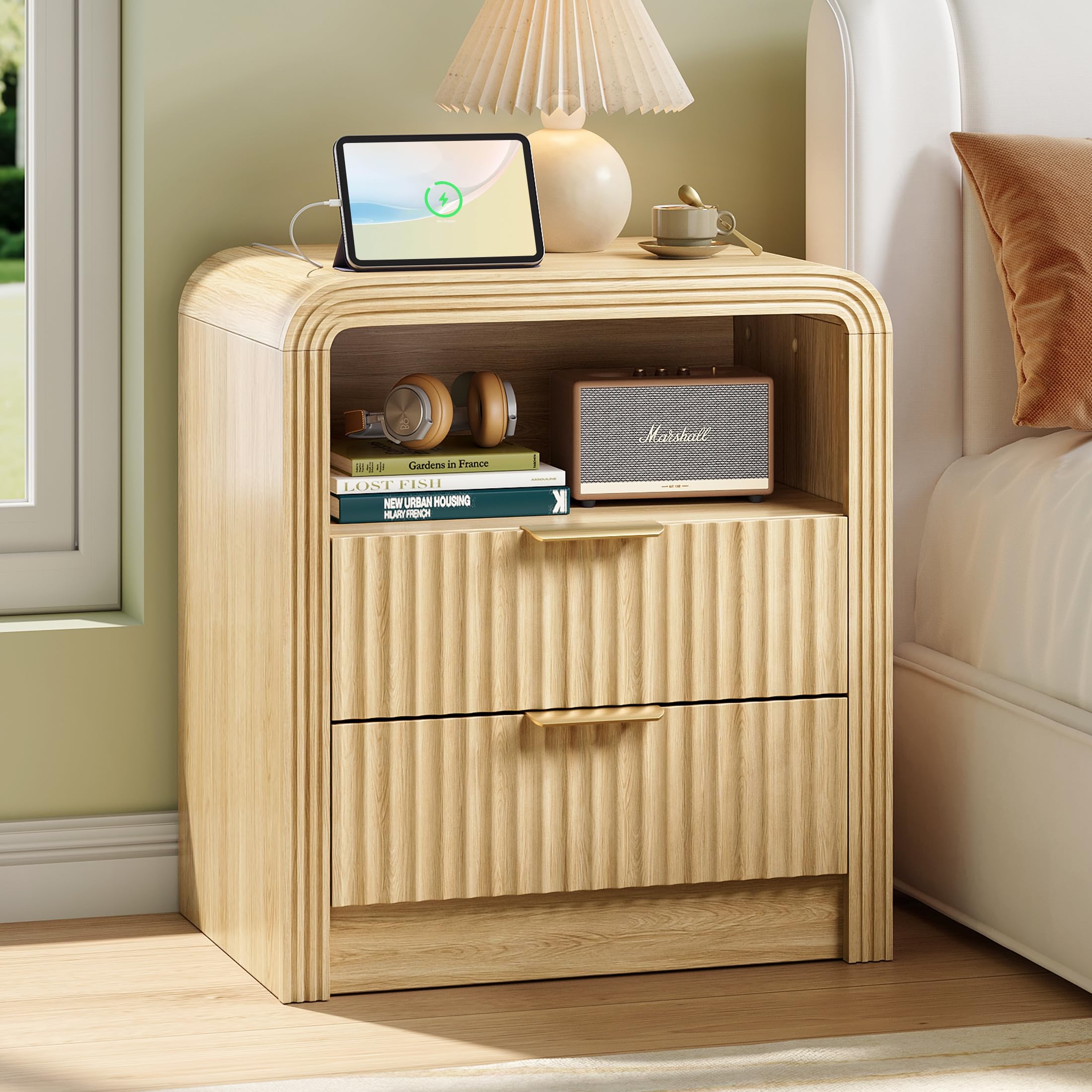 Decofy Fluted Nightstand in Natural Oak