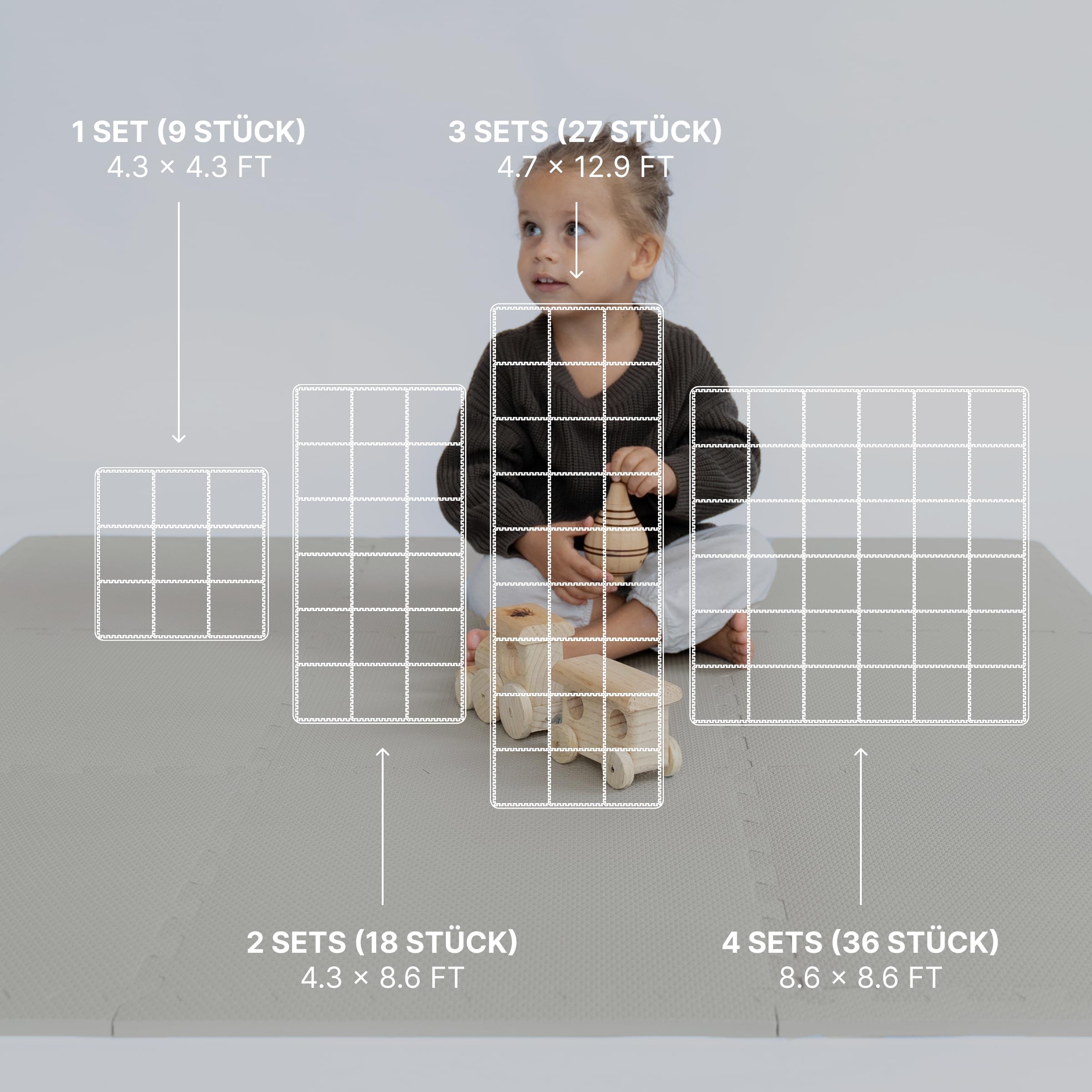 Toddlekind Baby Puzzlematten, 9-teiliges Set mit Rand, schadstofffreie Schaumstoffmatten für Bauchlage & Krabbeln, neutrale Farben, 45 × 45 cm pro Matte, Gesamtfläche: 131 x 131 cm