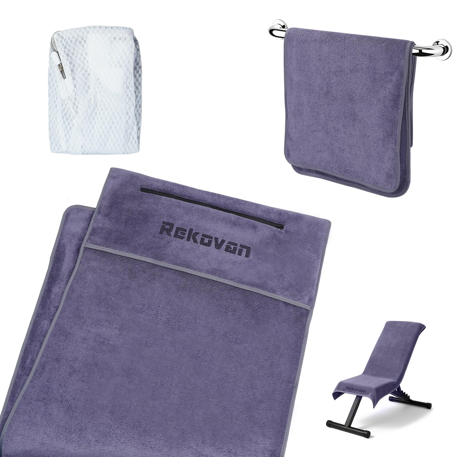 Rekovan Fitness Handtuch Set, 135×50 cm mit Reißverschlusstasche & 100×30 cm Sporthandtuch - Inkl. Wäschesack - Für Fitnessstudio, Gym, Training, Yoga