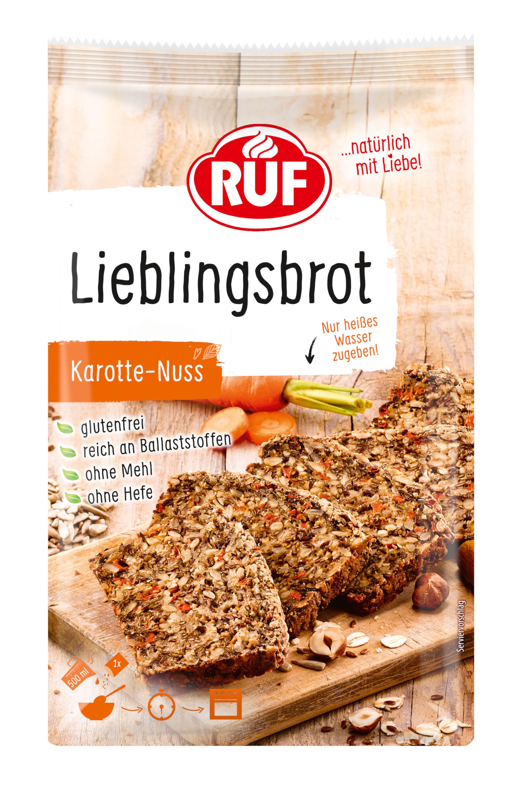 Ruf Lieblingsbrot Karotte-Nuss Glutenfrei, Brot-Backmischung Ohne Mehl Und Hefe, Brotteig-Mischung Mit Geraspelten Möhren, Leinsamen Und Sonnenblumenkernen, 1 X 600G