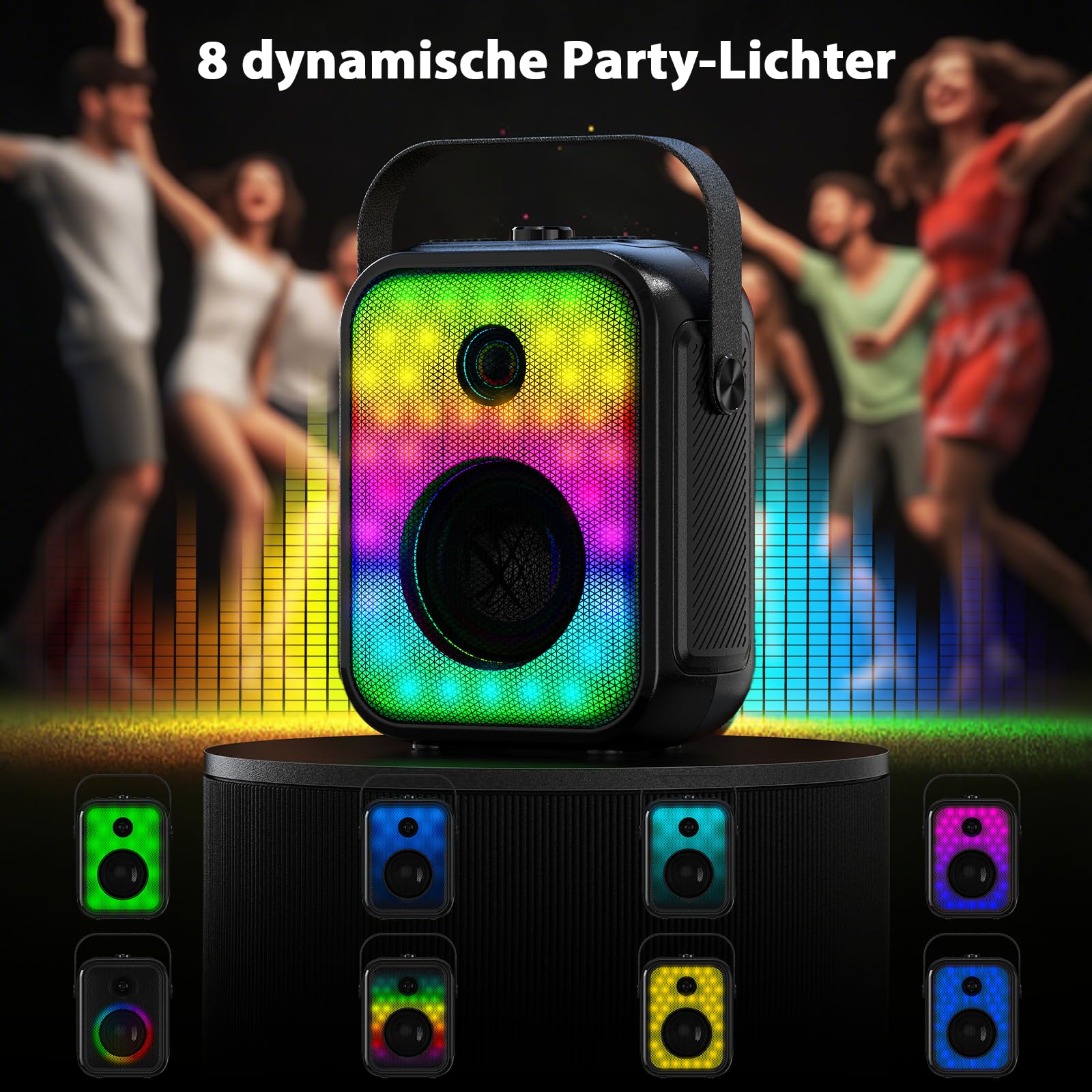 Karaoke Maschine für Erwachsene mit 2 kabellosen Mikrofonen, tragbarer Bluetooth-Lautsprecher mit Stereo-Kopplung, Bassregelung, LED-Beleuchtung und Unterstützung für FM/USB/AUX | Tragbarer Bluetooth-Lautsprecher mit Bass-Anpassung, LED, unterstützt FM/US