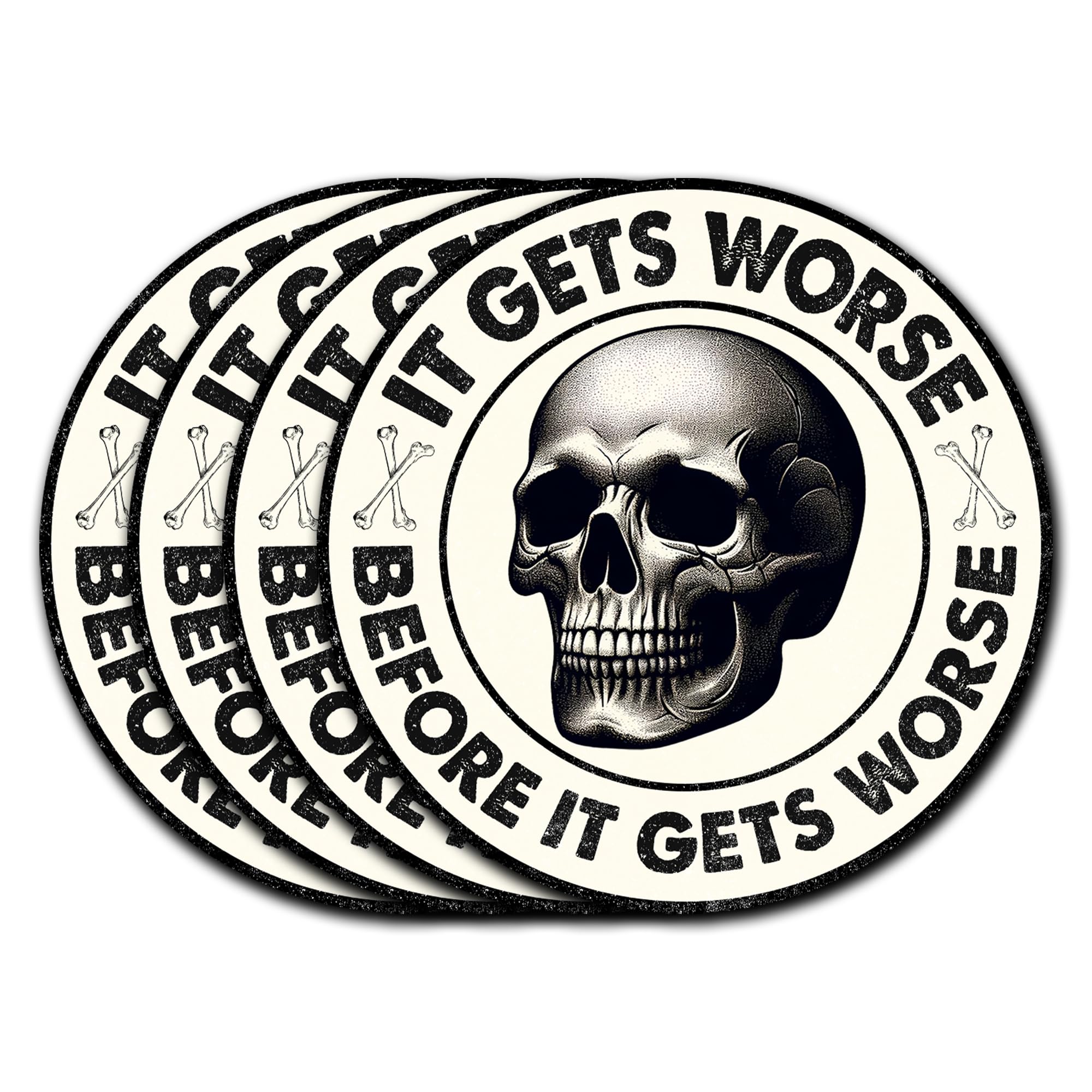 Pack 4PCS It Gets Worse Before It Gets Worse Sticker Funny Retro Skull Waterproof Vinyl Sarcasm Decals Decor Water Bottle Laptop Phone Tumbler Guitar