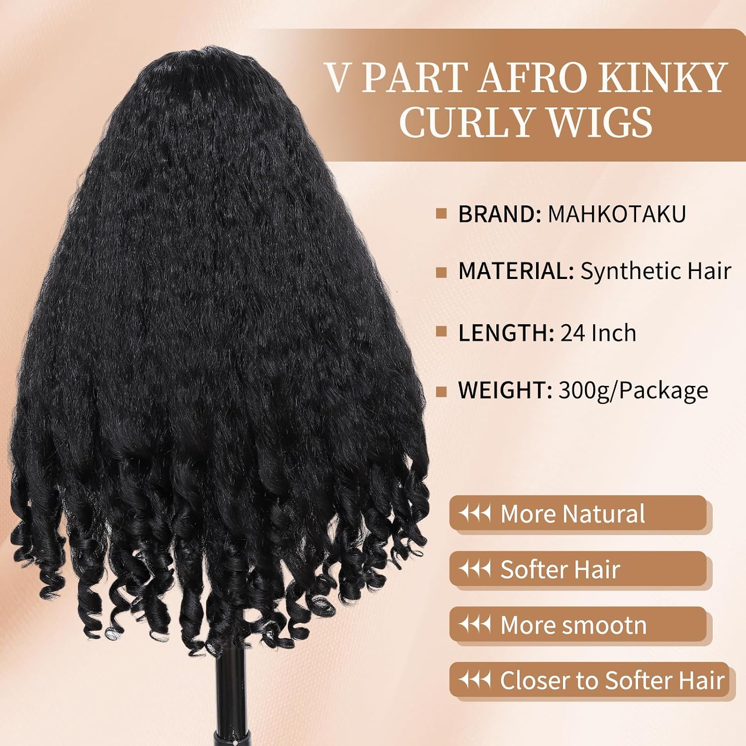 Afro Curly V Part Wig for Black Women Synthetic Braided Hair Texture with Unique Bouncy Curls in the End Soft Curly Blowout 4c Hair Style Natural Black 24 Inch (#1B)