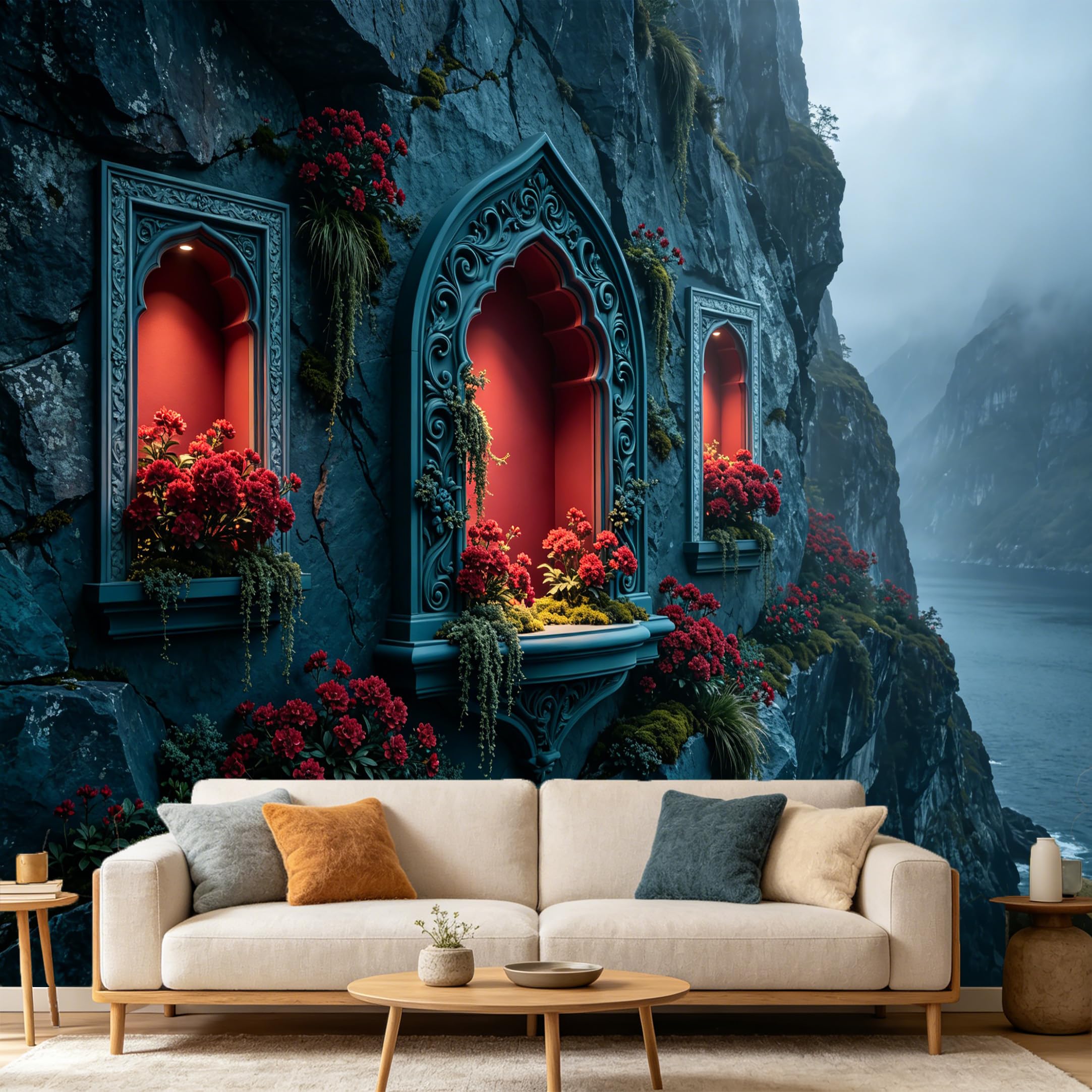 Custom Size Wall Mural， 3D Trompe L'Oeil Cliffside Floral Archway Mountain Lake Scenery， SelfAdhesive Art Prints wall Fabric Removable Large Wallpaper Home Living Room Decor