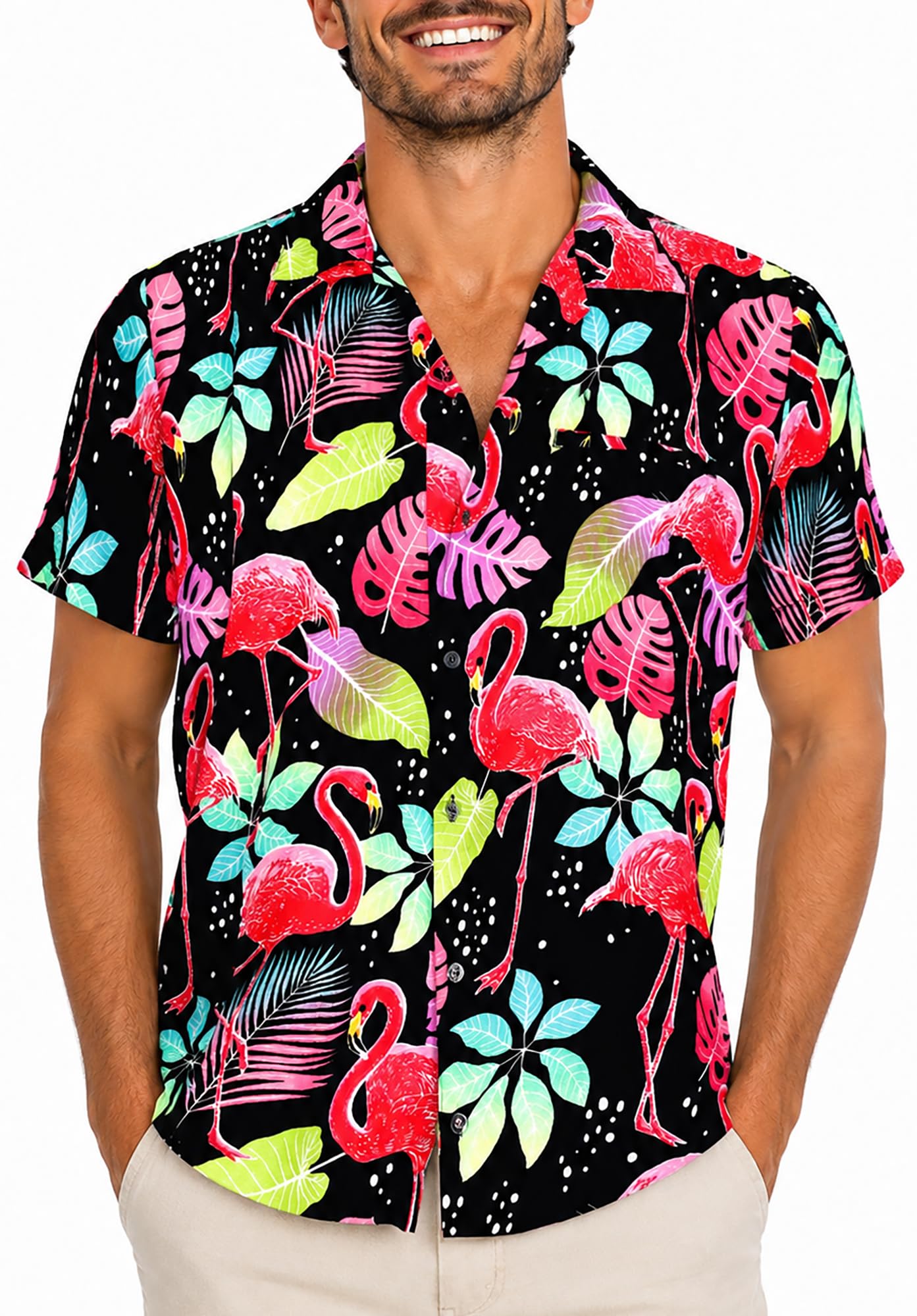 King Kameha Mens Funky-Flamingos Short-Sleeve Hawaiian-Shirt Novelty Summer-Vibes, Funky-Flamingos, Black, S