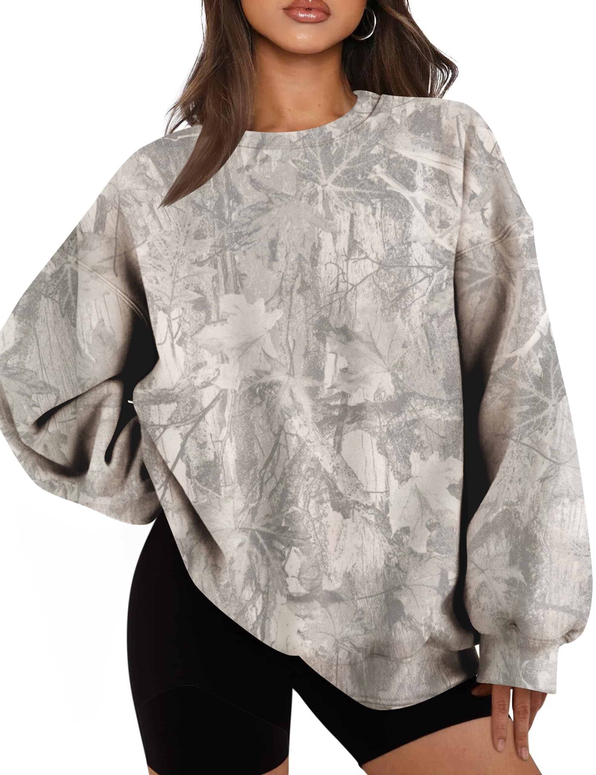 Womens Camo Sweatshirt Maple Leaf Print Oversized Camo Crewneck Sweatshirt Fleece Pullover Hoodies Long Sleeve-image-43
