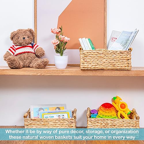 Miniatura 7 de VATIMA Cesta de mimbre mediana de jacinto de 13.6 x 9.5 x 5.6 pulgadas, con asa, decoración de sala de estar, diseño rectangular