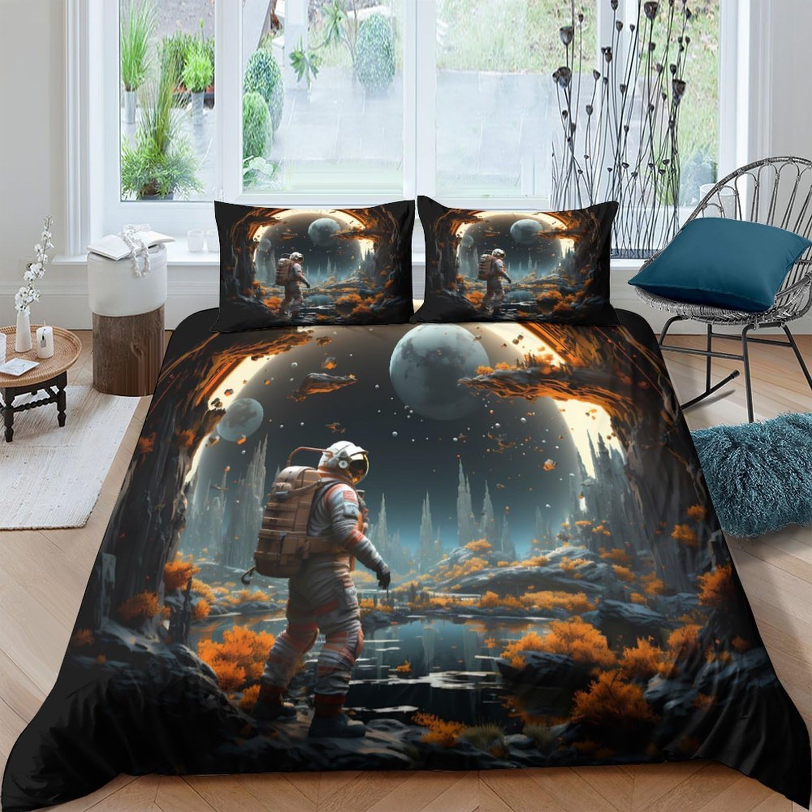 GPLZQXKJNH 3D Printed Space Astronaut Duvet Cover Microfiber Soft Breathable Planet Landscape Bedding Set with 2 Pillowcases for Bedroom Home Single（135x200cm）