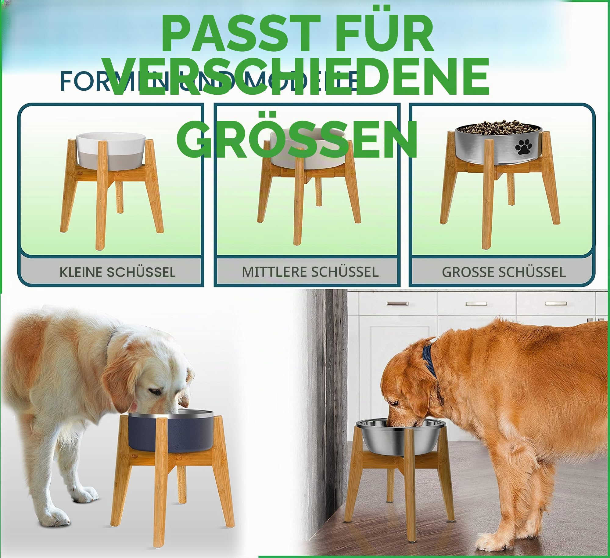 Verstellbarer Hundenapfständer – erhöhter, erhöhter Futternapfhalter – Breite (ausziehbar 17,8-25,4 cm) – natürlicher Bambus