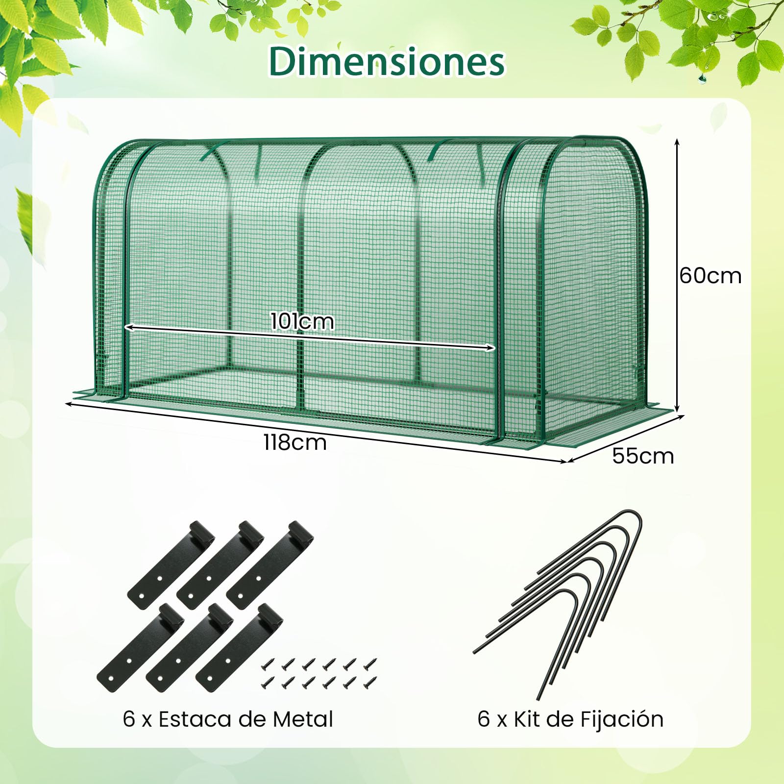 GOPLUS Mini Invernadero Portátil, 118 x 55 x 60 cm, Invernadero Exterior con Puerta Enrollable, Estacas de Tierra, Estructura de Metal, Cubierta PE Impermeable, para Verduras Flores Plantas (Verde)