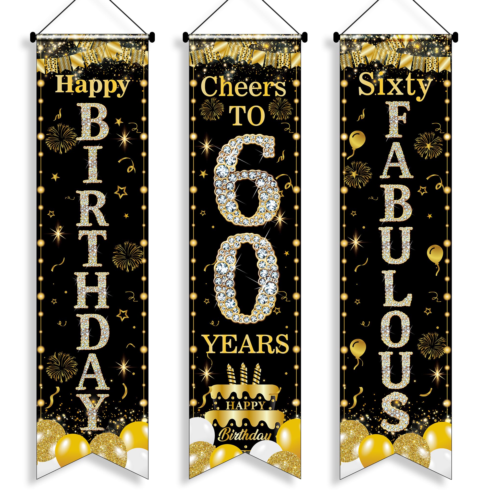 60th Birthday Decorations Door Banner - 3 Pcs Black and Gold Sixty Fabulous Happy 60th Birthday Cheers to 60 Years 3.9x0.9ft Door Porch Sign for 60 Years Old Men Women Party Backdrop Decor Supplies
