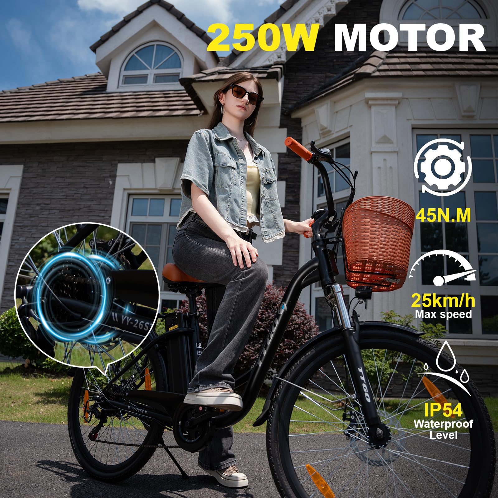 ttgo C2 26 Zoll E-Bike mit Korb, City E-Bike Damen Herren mit 250W Motor 36V 14,5Ah Abnehmbarem Akku, 25 km/h 6-Gang Schaltung, bis zu 100 km Reichweite, Elektrofahrrad für Erwachsene