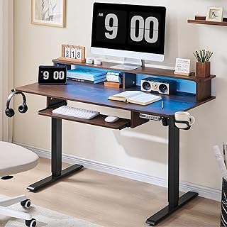 OKD 48" Electric Standing Desk Adjustable Height, Sit Stand Up Desk with Keyboard Tray, Power Outlets, LED Lights & Monitor Shelf - Ergonomic Desks for Home Office, Work & Gaming, Dark Walnut