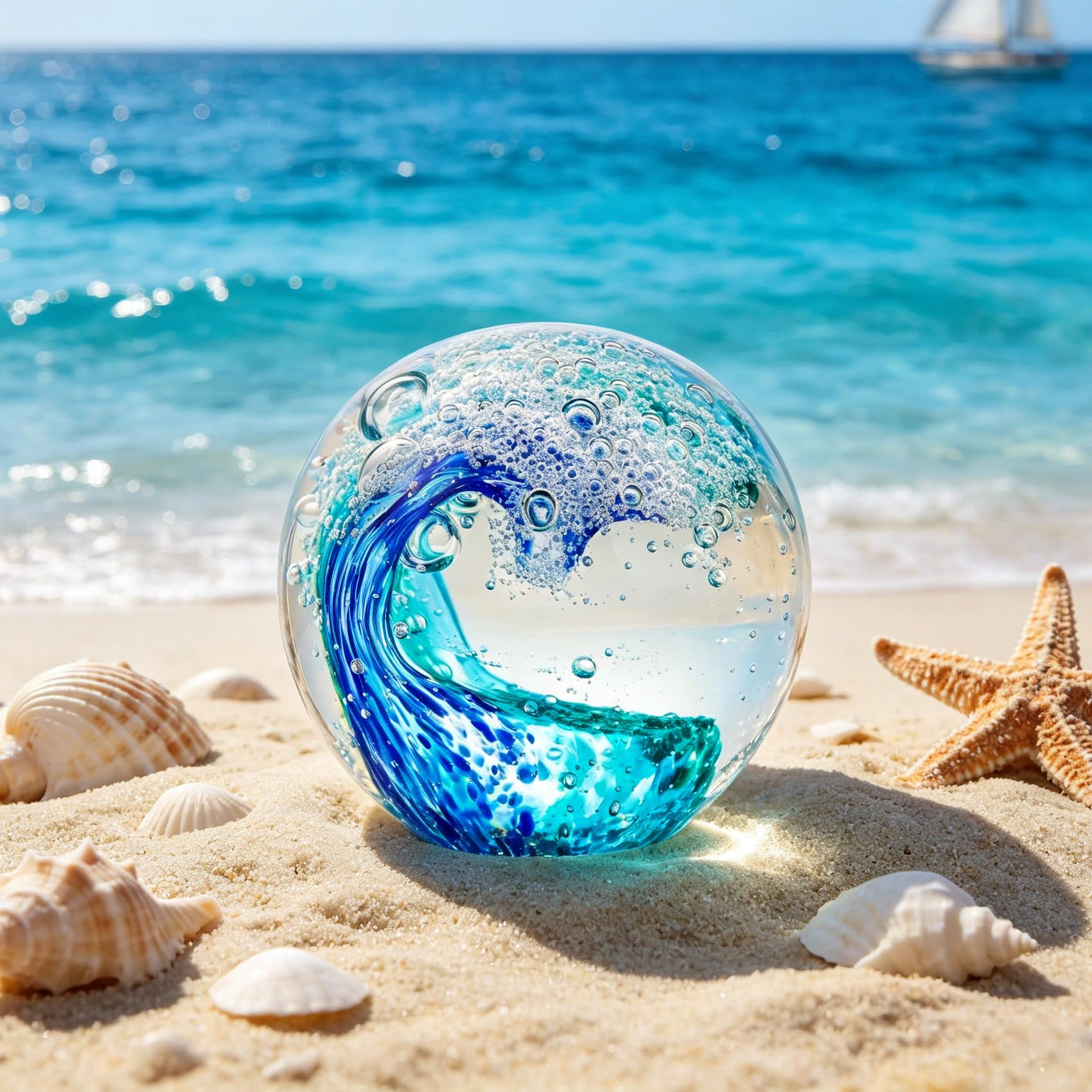 YWHL Hand Blown Ocean Decor Glass Waves Figurines Ball, Ocean Themed Gifts for Women Men, Sea Glass Decoration Collectible Figurines Paperweight for Home Office Decor