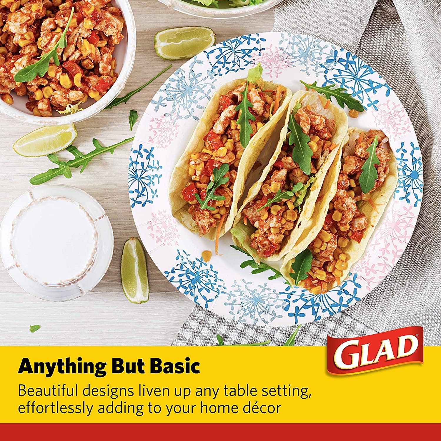 Glad Round Disposable Paper Plates, Heavy Duty Soak Proof Cut Proof Microwave Safe Pink Dinner Plates for Parties, Picnics, and Everyday Meals, Pink Hydrangea Pattern, 8.5 Inch, 50 Count - 12 Pack