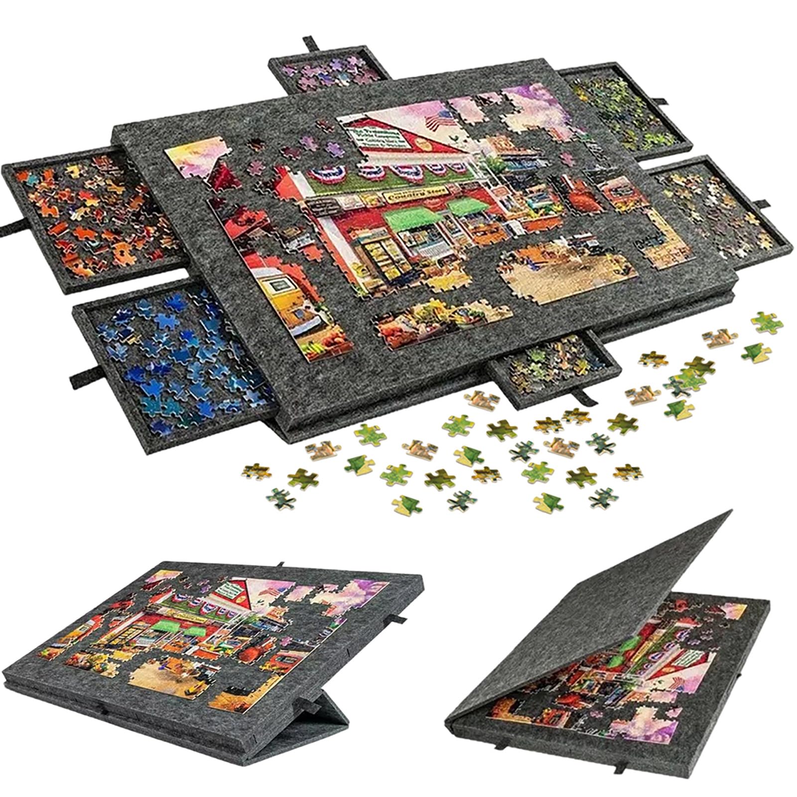Tablero Puzzle para 1000 Piezas, Puzzles Board con 6 Cajones Clasificadoras, Tapete Puzzle de Fieltro Ligero con Soporte 2 en 1, Portátil Mesa Puzzles 52 x 77 cm, Negro
