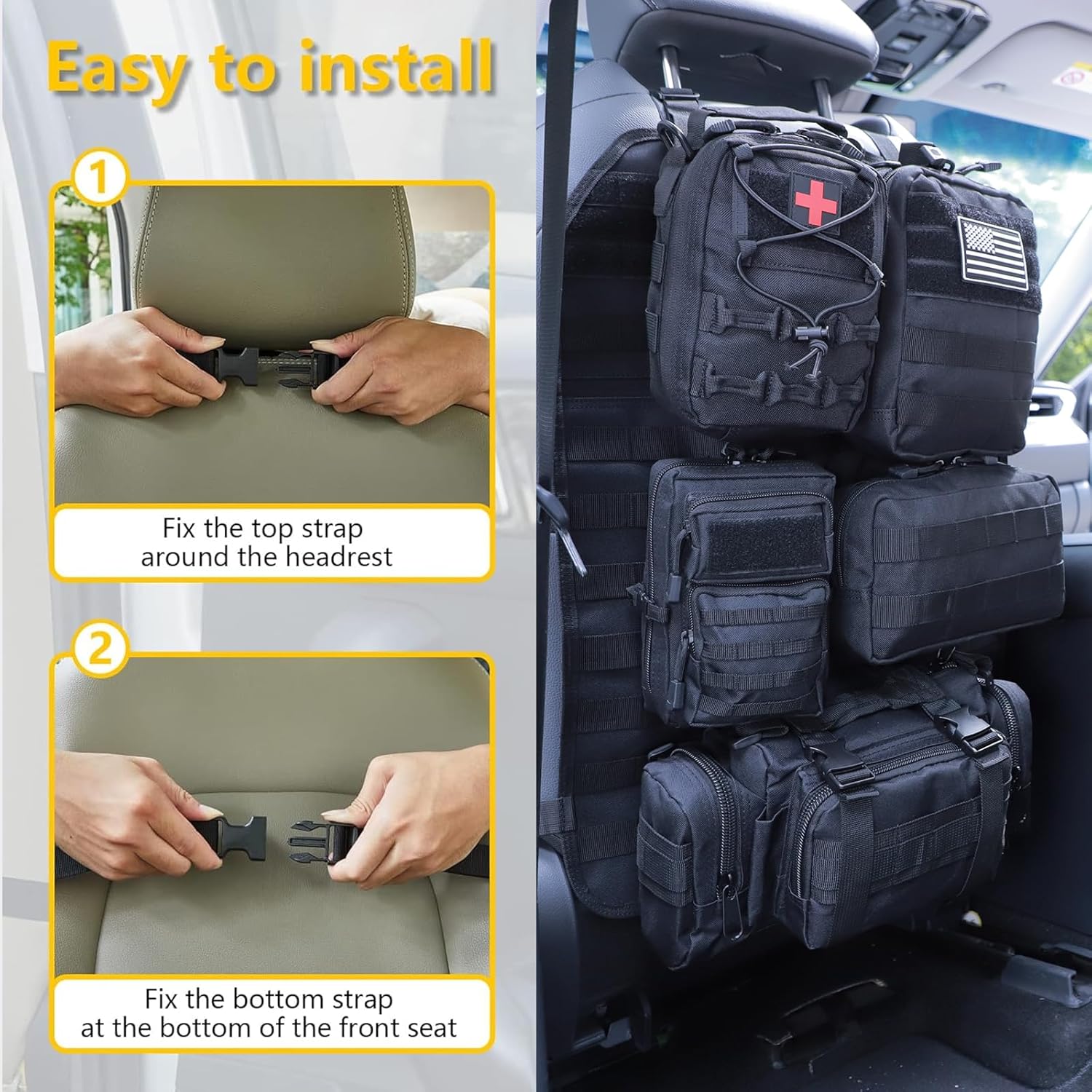 Universal Tactical Seat ​Back Organizer Vehicle Molle Panel Organizer Storage Bag with 5 Detachable Molle Pouch for All Vehicel Such as Jeep,Truck,SUV, Car, Ford,Chevy etc