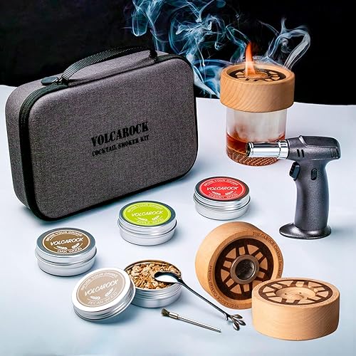 Miniatura 1 de VOLCAROCK Fumador de cóctel de madera kit de camarero casero con estuche de transporte y antorcha incluida ahumador infusor de virutas de madera