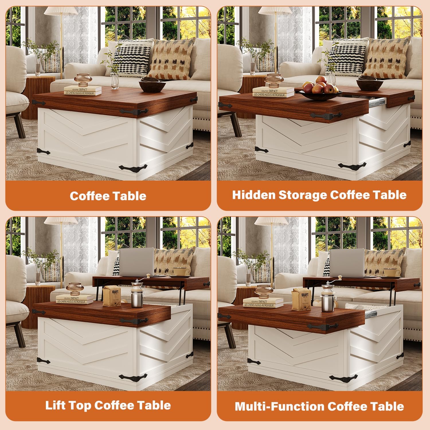 31.5'' Lift Top Coffee Table, Sliding Top Square Center Table with Large Hidden Storage Organizer, Multi-Functional Farmhouse Coffee Tables for Living Room, Bedroom, Home Office, White