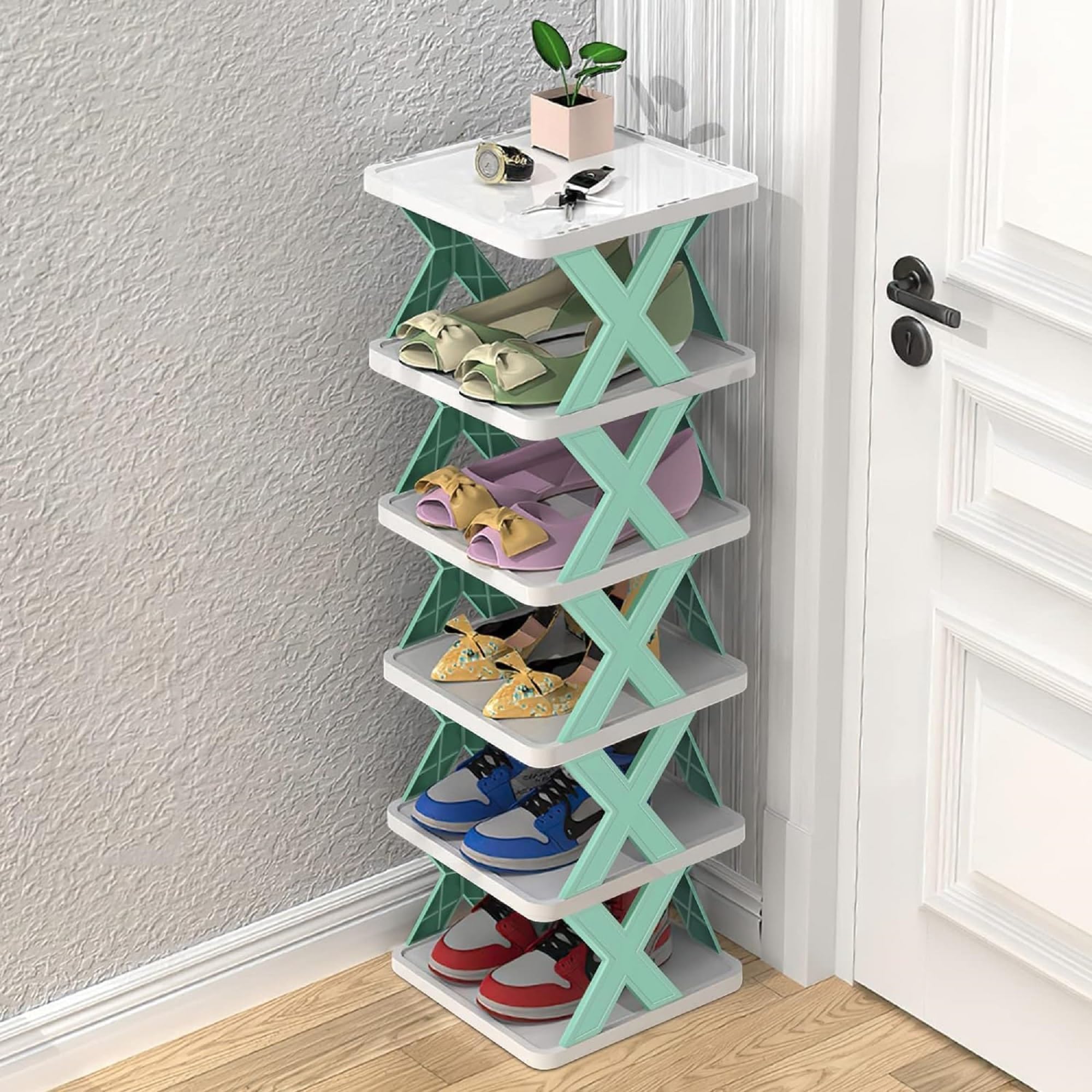 6 Layer Shoe Rack for Home with Stackable Adjustable Shelves - Space Saving Plastic Shoe Organizer Stand with Foldable X Frame for Entryway Bedroom Corner Storage | Multi Tier Shoe Shelf-image-19