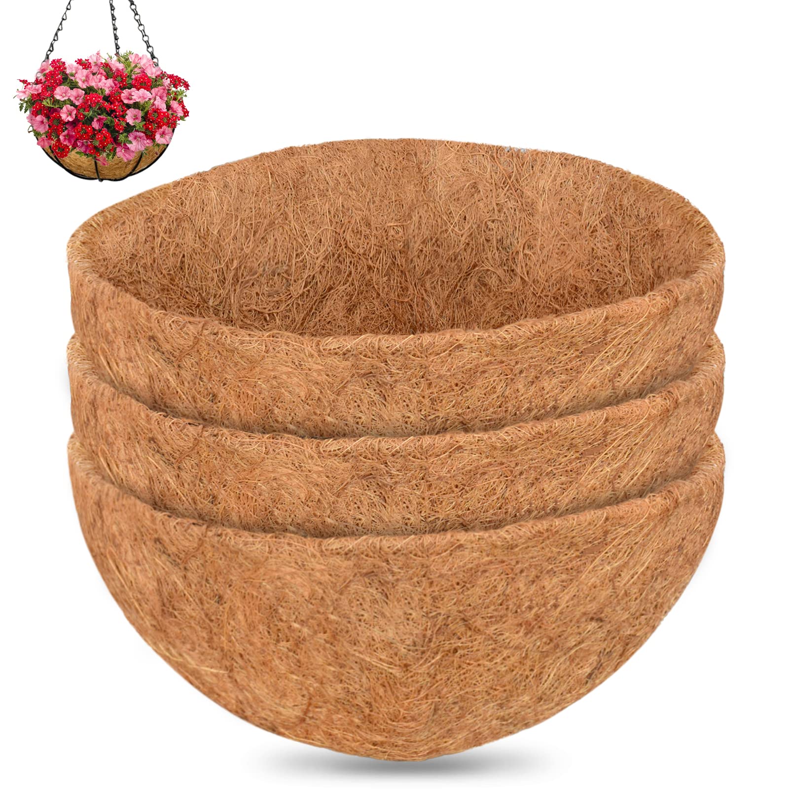ZeeDix3Pcs 14 Inch Coconut Liners for Planters, Round Hanging Basket Liners 100% Natural Coco Coir Basket Coco Replacement Liners for Hanging Basket Planters Flowers Vegetables(14in-3pcs)