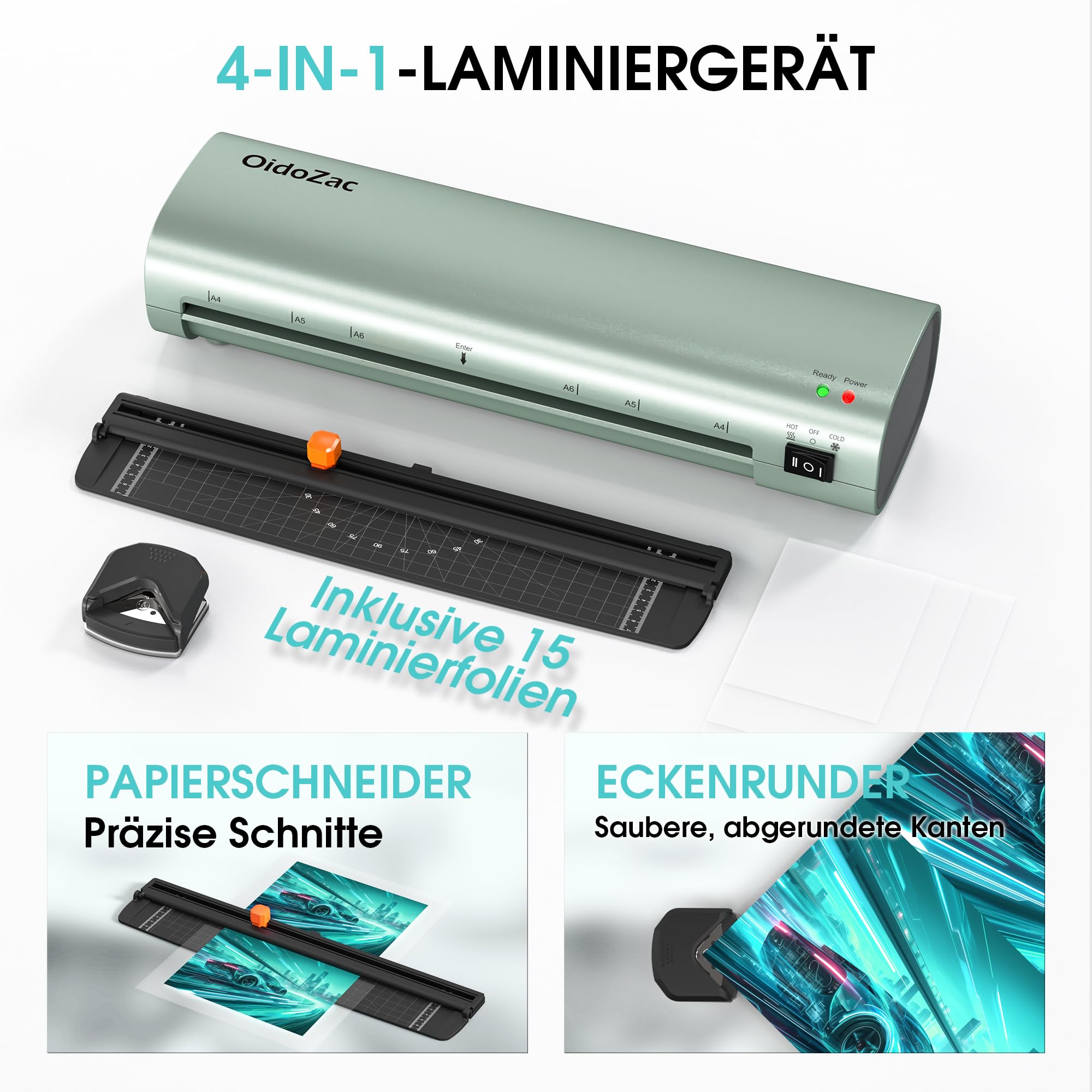 A4 Laminiergerät 4-in-1 Heiß+Kalt mit ABS-Stopp