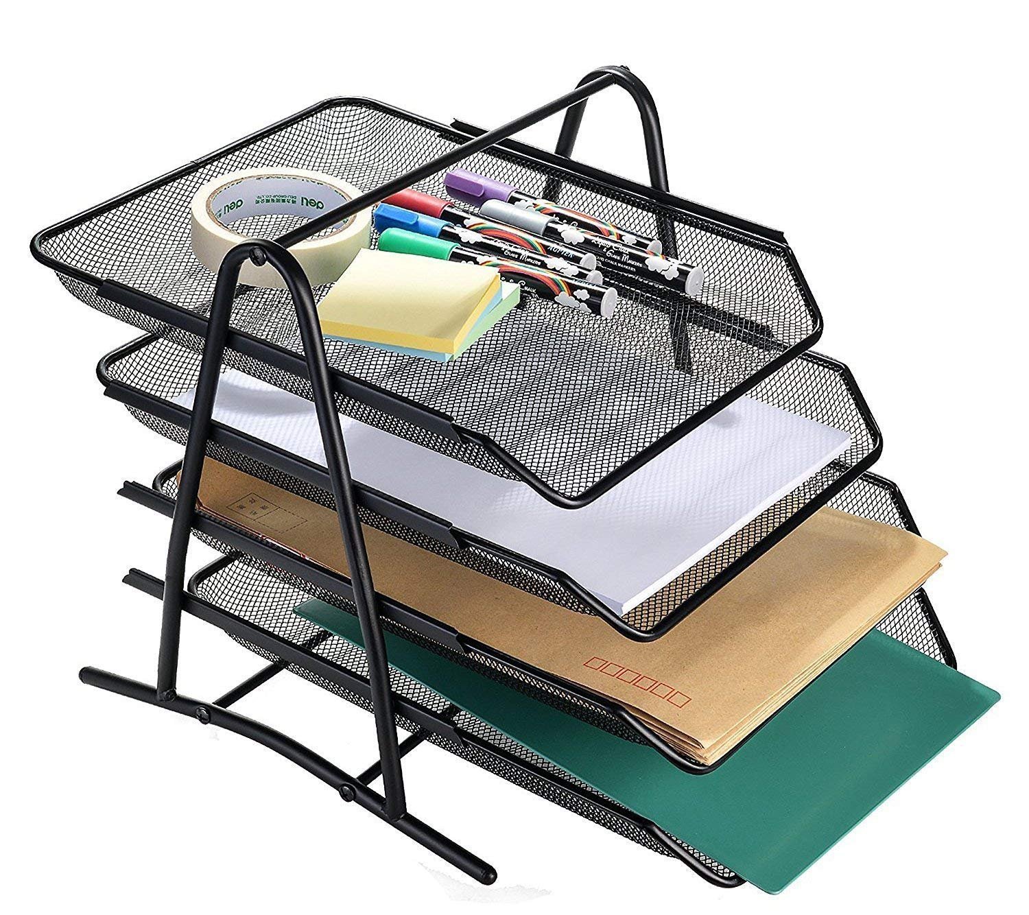 JUZR 4-Tier Metal Mesh Document Tray File Rack, 30 X 28.5 X 31.3 cm, Black