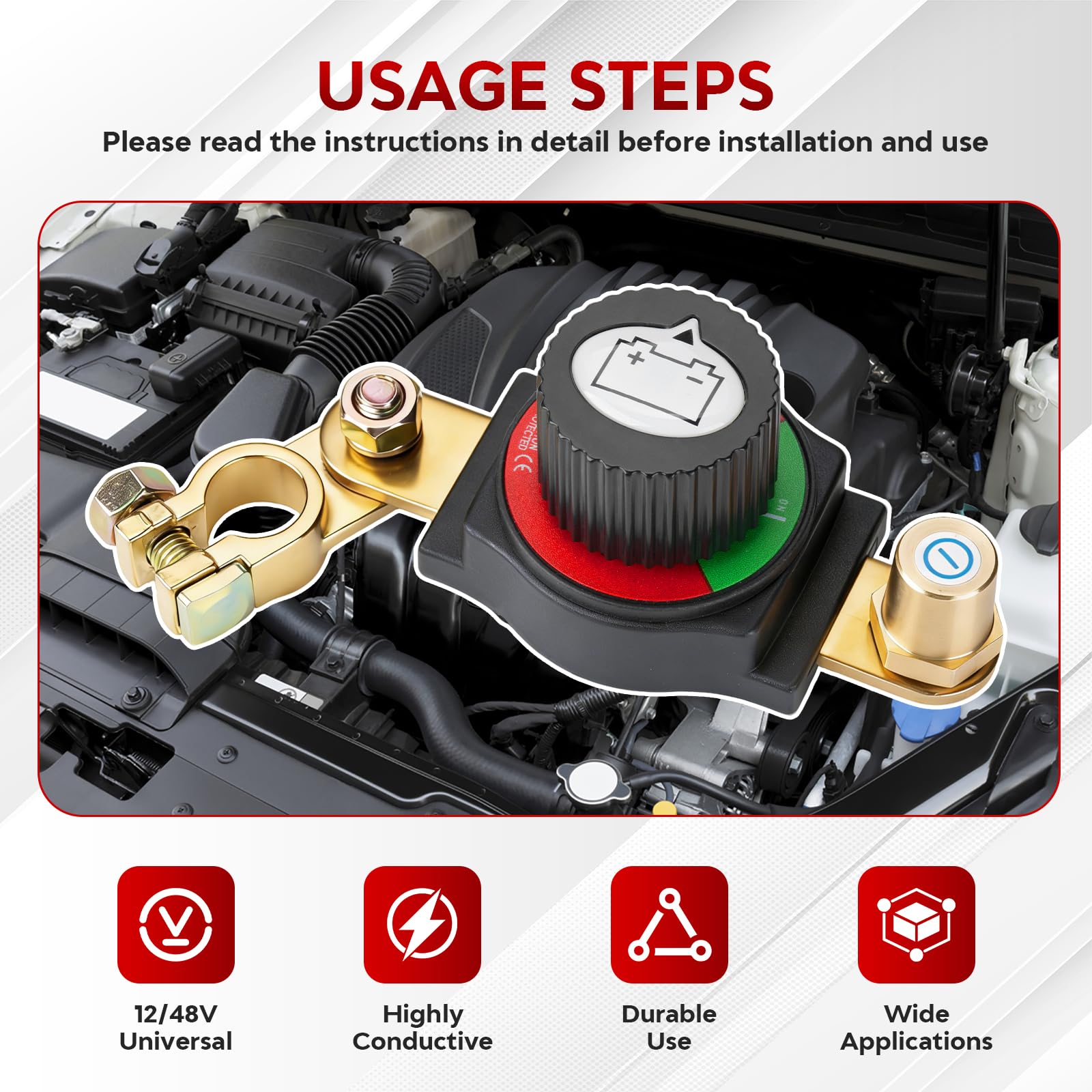 Stacca Batteria 12V-48V, Regolabile 180° Interruttore di Separazione Della Batteria, Stacca Batteria per Auto ON-OFF, Staccabatteria per Auto, Moto, Roulotte, Yacht, Adatto al Polo Negativo