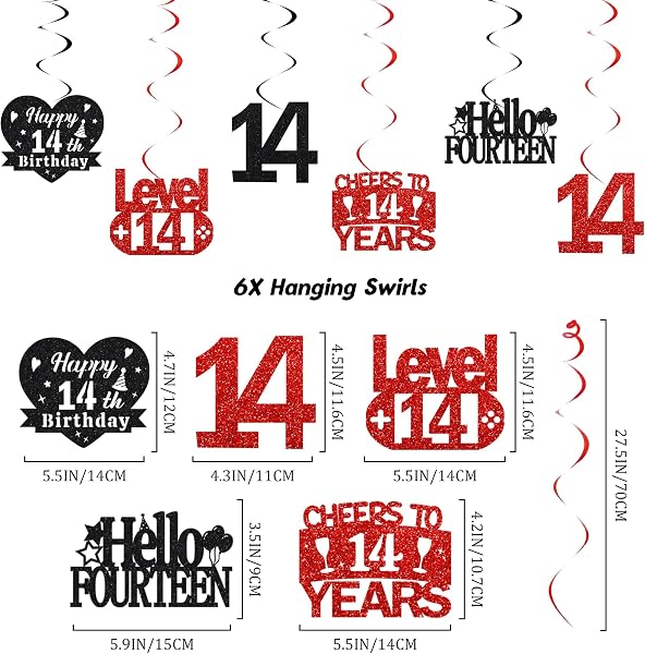 14th Birthday Decorations for Boys Girls - Black Red Glitter Happy 14th Birthday Letter Banner and Pennant Flags, Number 14 Foil Balloons and Hanging Swirls for 14 Years Old Children Party Supplies - 3