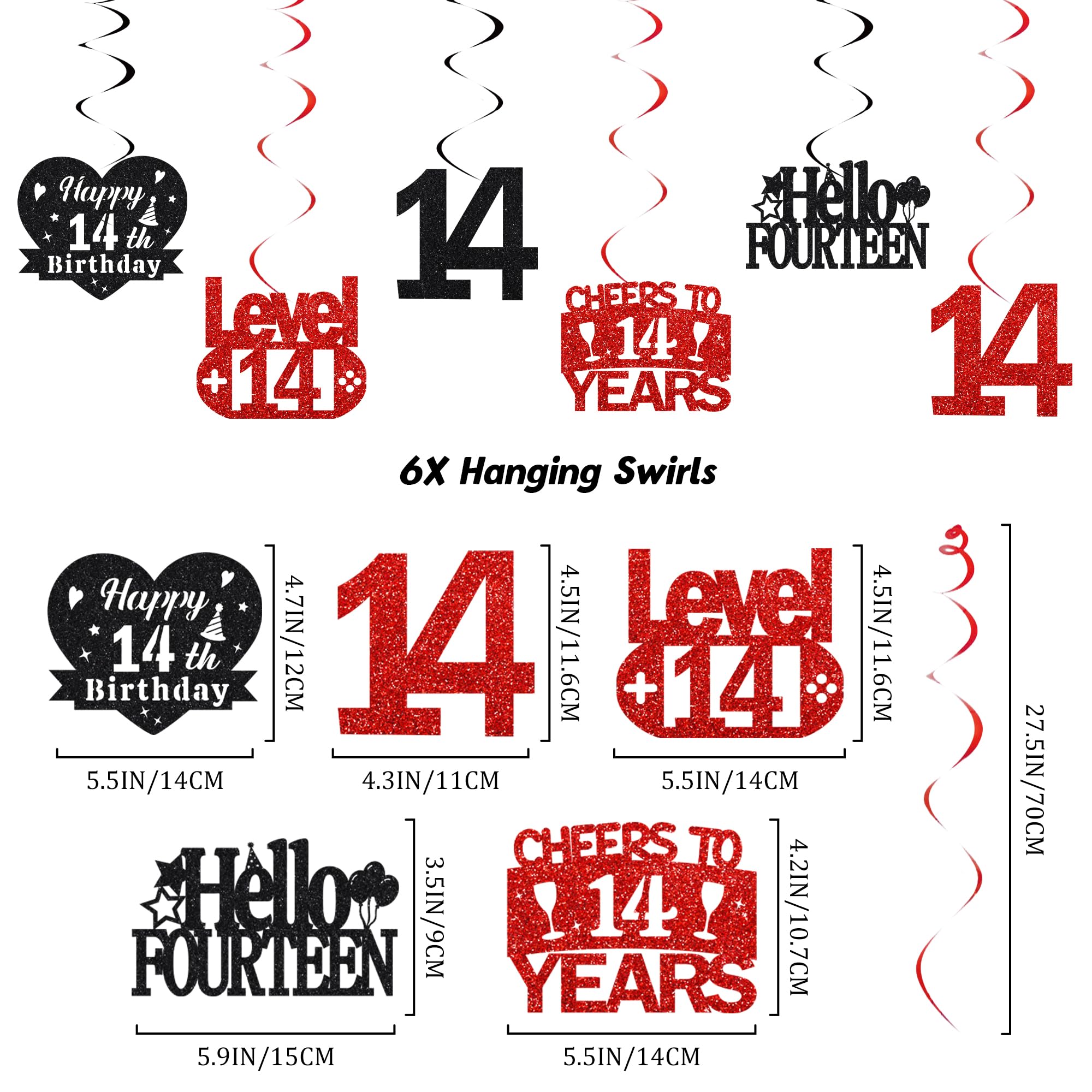 14th Birthday Decorations for Boys Girls - Black Red Glitter Happy 14th Birthday Letter Banner and Pennant Flags, Number 14 Foil Balloons and Hanging Swirls for 14 Years Old Children Party Supplies - 3