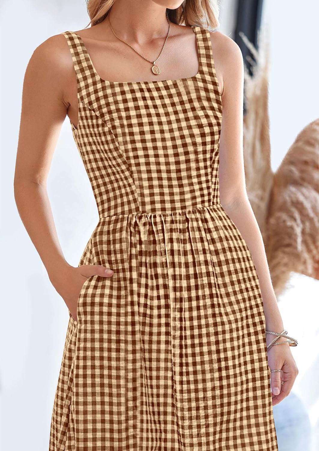 PRETTYGARDEN Women's 2026 Summer Spaghetti Strap Maxi Dresses Plaid Square Neck A Line Casual Beach Vacation Long Sundress - Image 5