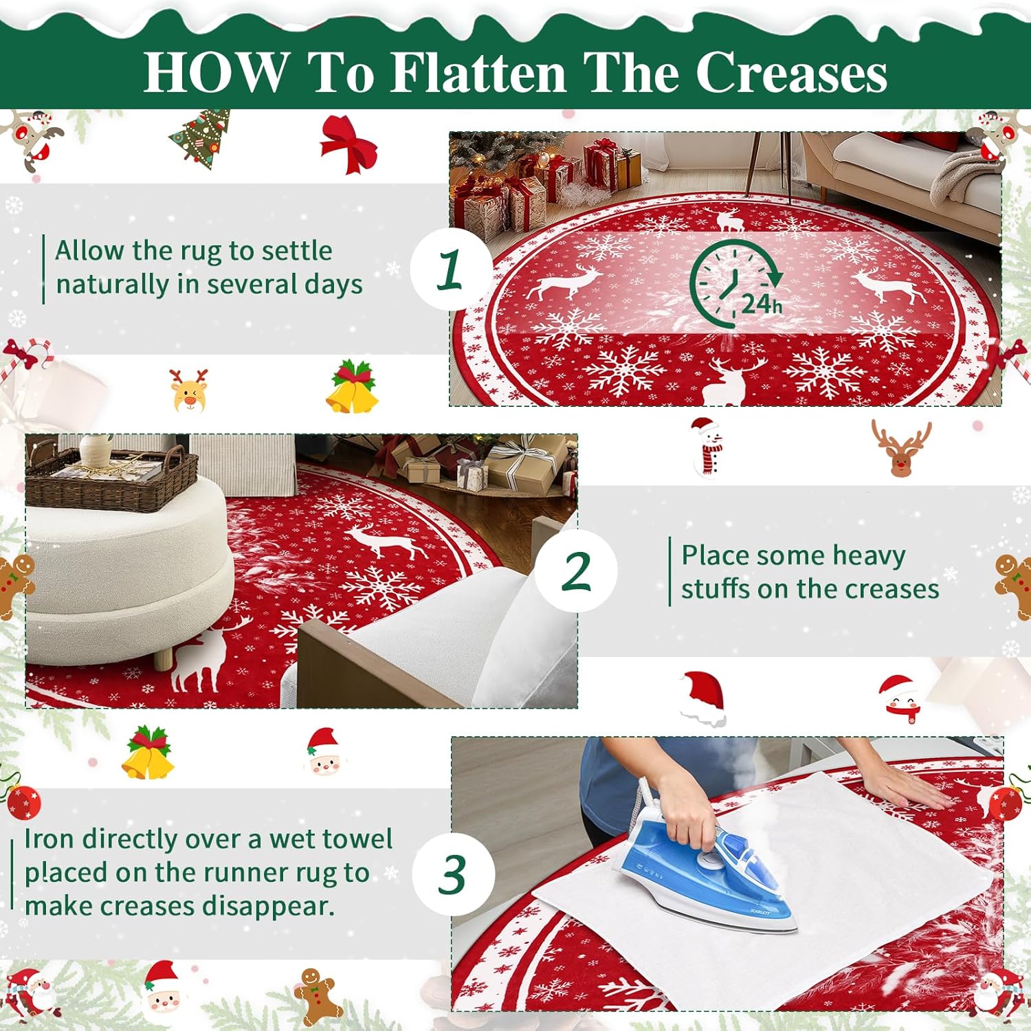 Christmas Round Area Rug 6ft, Washable Non Slip Low Pile Circle Rug for Fireplace Living Room Bedroom, Holiday Christmas Carpet for Indoor Decor, Snow Red