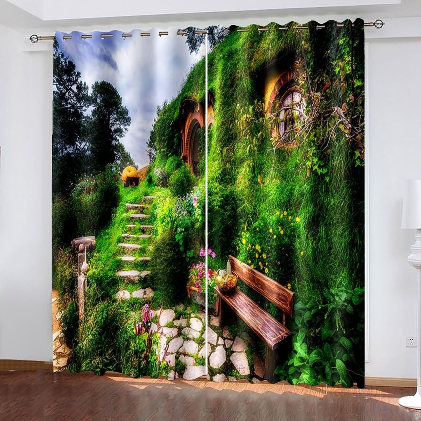 Vorhang zum Einhängen, Vorhang Fenster Grün Waldhauslandschaft Polyester 2er Set 172x115cm