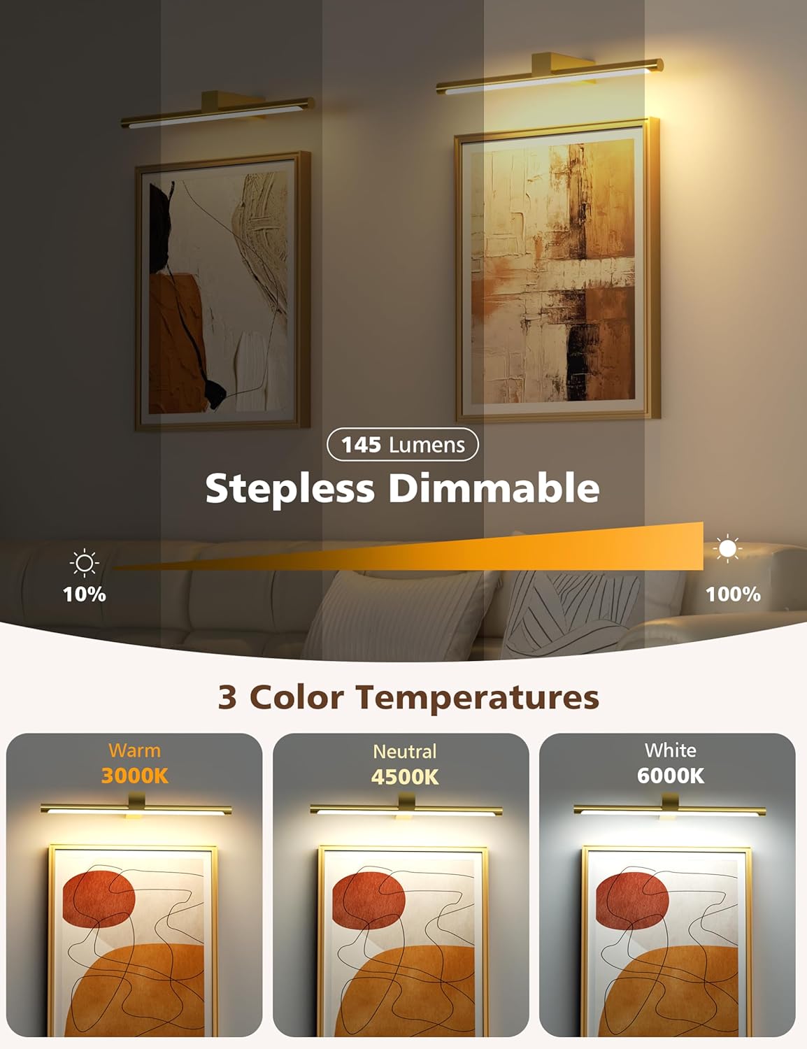 VOLISUN 15.7'' Picture Lights for Wall, 4000mAh Rechargable Picture Light Battery Operated, 3 Color Temperatures & Stepless Dimmable, 145LM Art Light for Paintings, Gallery, Portrait, 1 Pack (Gold)