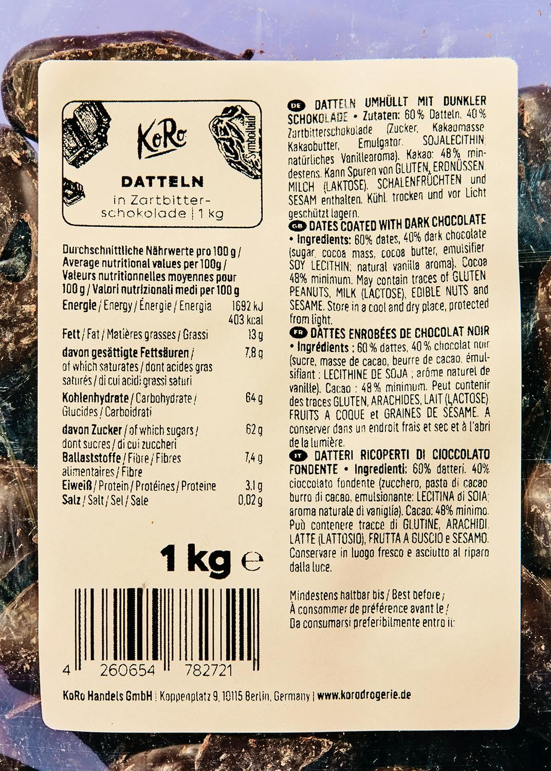 KoRo - Datteri ricoperti di cioccolato fondente 1 kg - al cioccolato - per snack, merende o colazioni - confezione convenienza