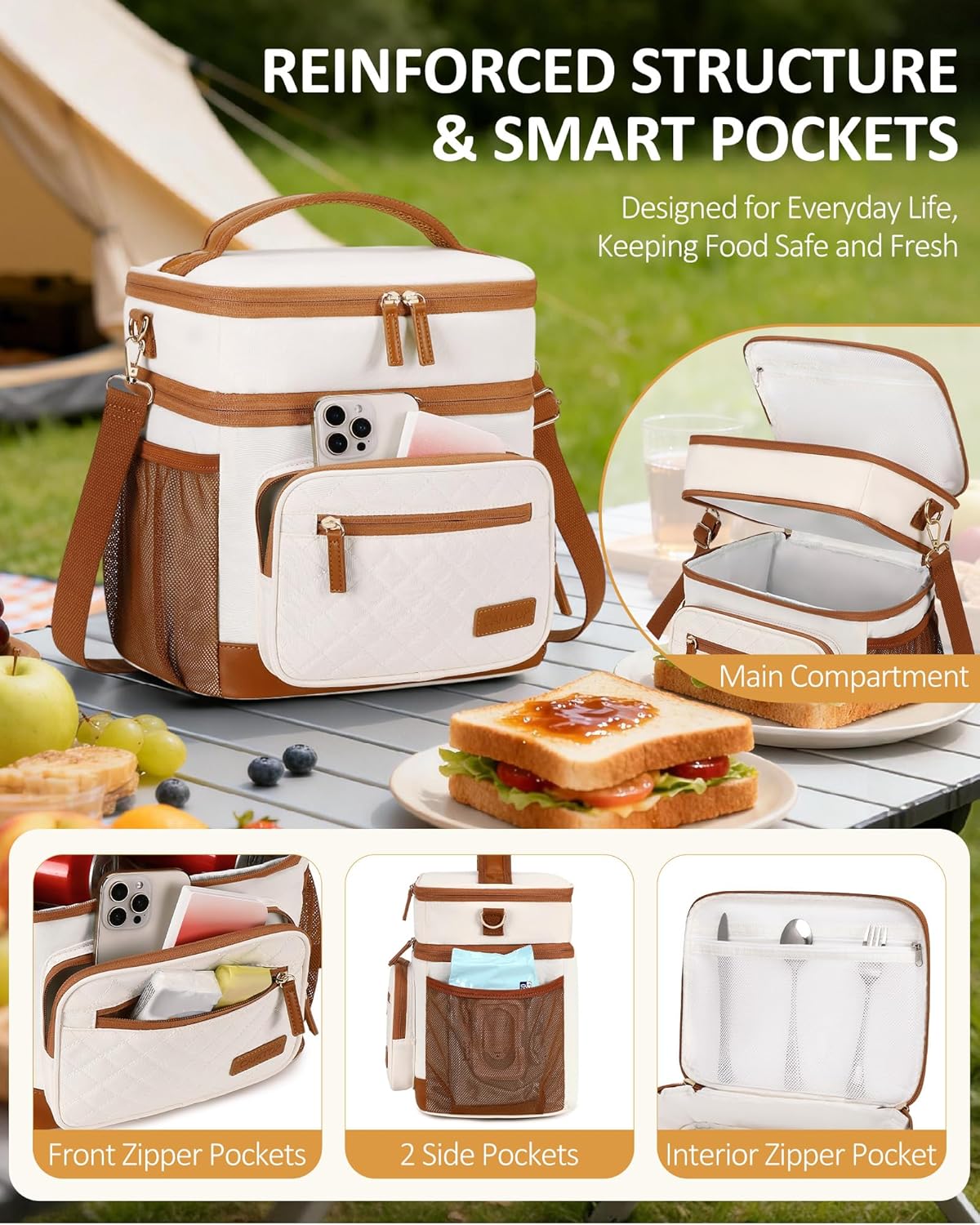 CAMTOP Insulated Lunch Box for Women Men 15L Double Deck Leakproof Large Lunchbox Cooler Lunch Bag with 7 Pockets, Waterproof Quilted Lunch Tote for Office Travel Picnic