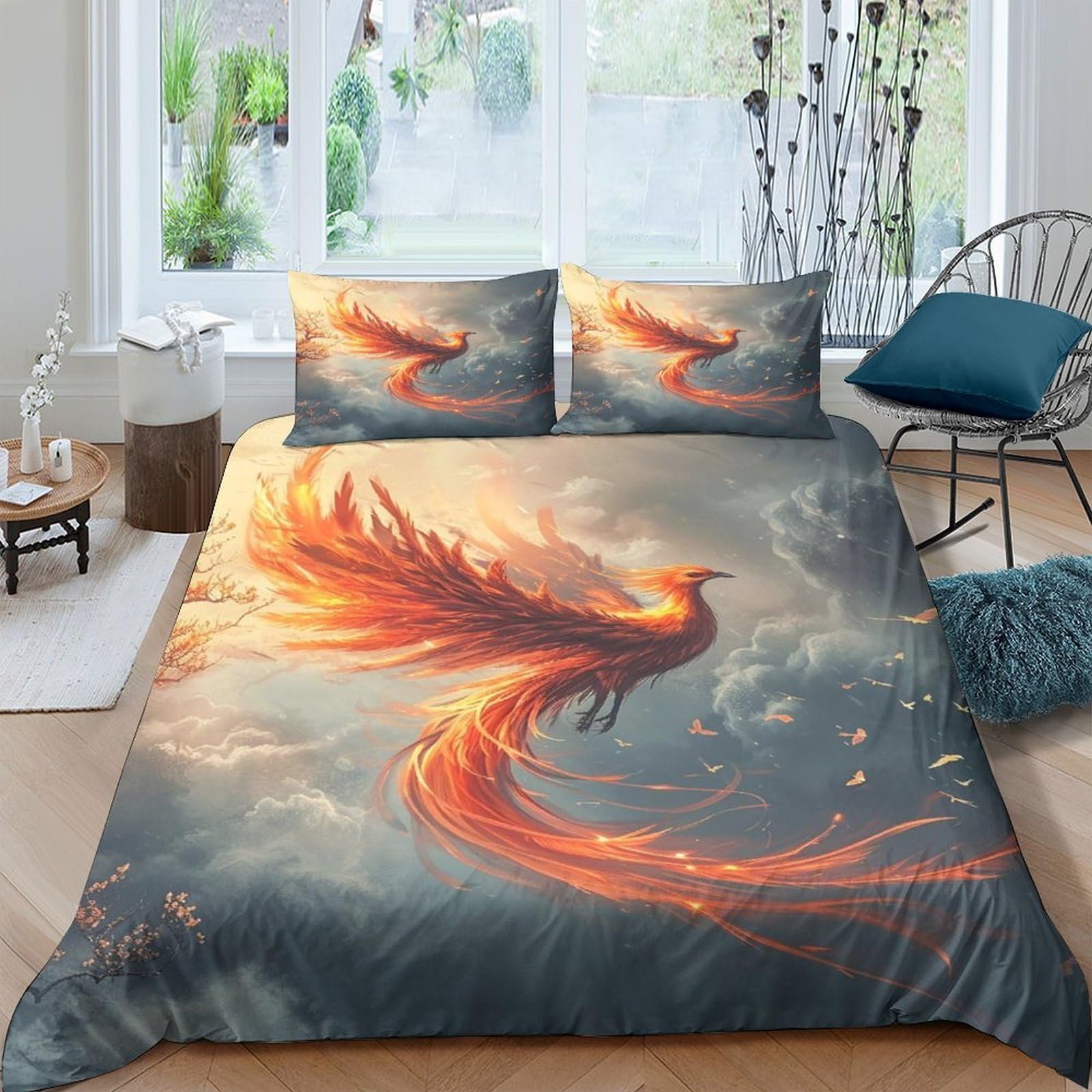 Ctjqhvkz Style-1 3D Printed Fiery Phoenix Fitted Sheet Microfiber Soft Breathable Sky Flame Bed Cover For Bedroom Dorm Decor Single（135X200cm）