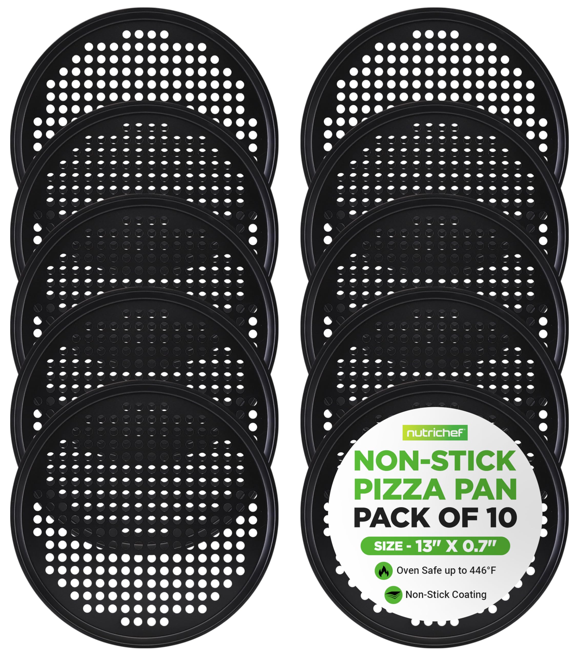 NutriChef Nonstick Pizza Pan Tray for Oven 33cm, Set of 10 Perforated Carbon Steel Baking Accessories with Holes, Easy Clean Plates, Dishwasher Safe Container and Cutting Board