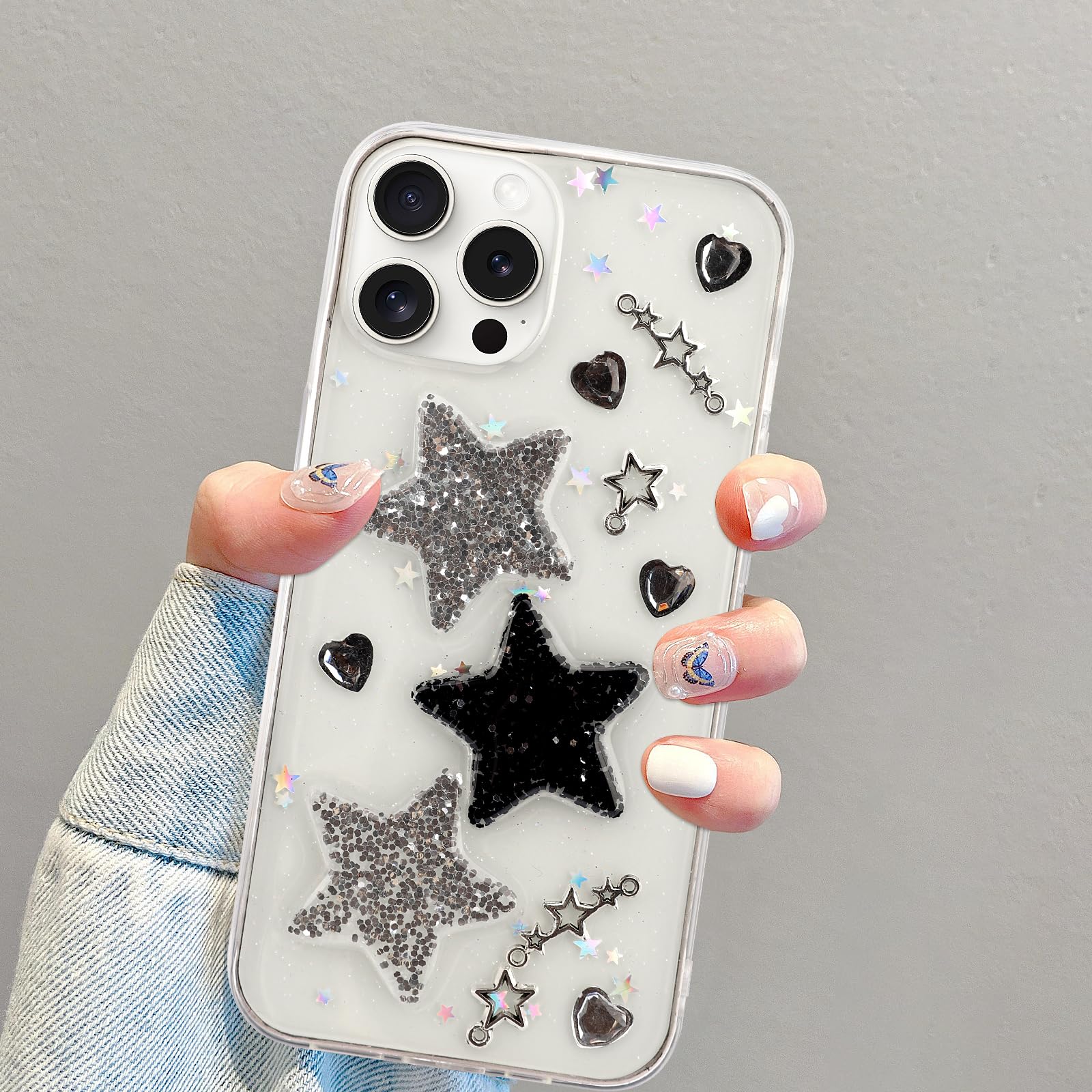 Compatible with iPhone 13 Pro 3D Bling Stars Clear Case Cute Clear Glitter Hearts Y2K SparkTransparent Design for