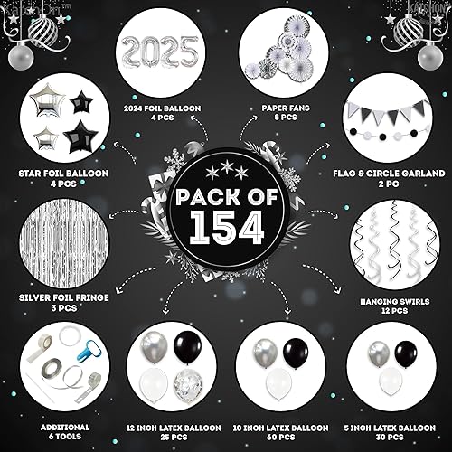Miniatura 2 de KatchOn, Decoraciones de graduación plateadas y negras 2025  Paquete enorme de 149  Telón de fondo de flecos plateados, globos 2025  Decoraciones de