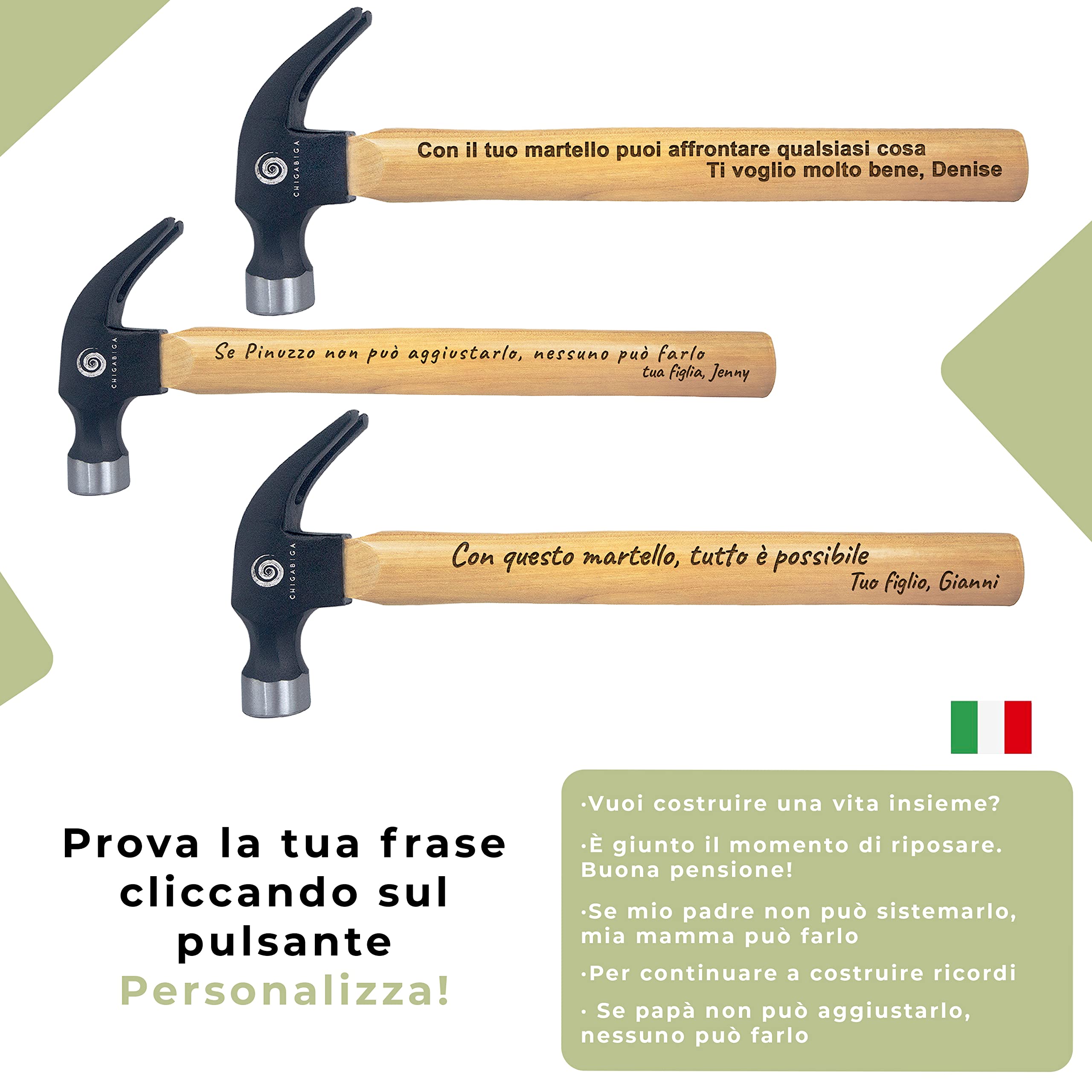 Martello PERSONALIZZATO con le tue stesse parole, regali originali per uomo, Natale, festa del papà, compleanno, fidanzato, San Valentino. Inciso a laser. Martelli da carpentiere di dimensioni reali