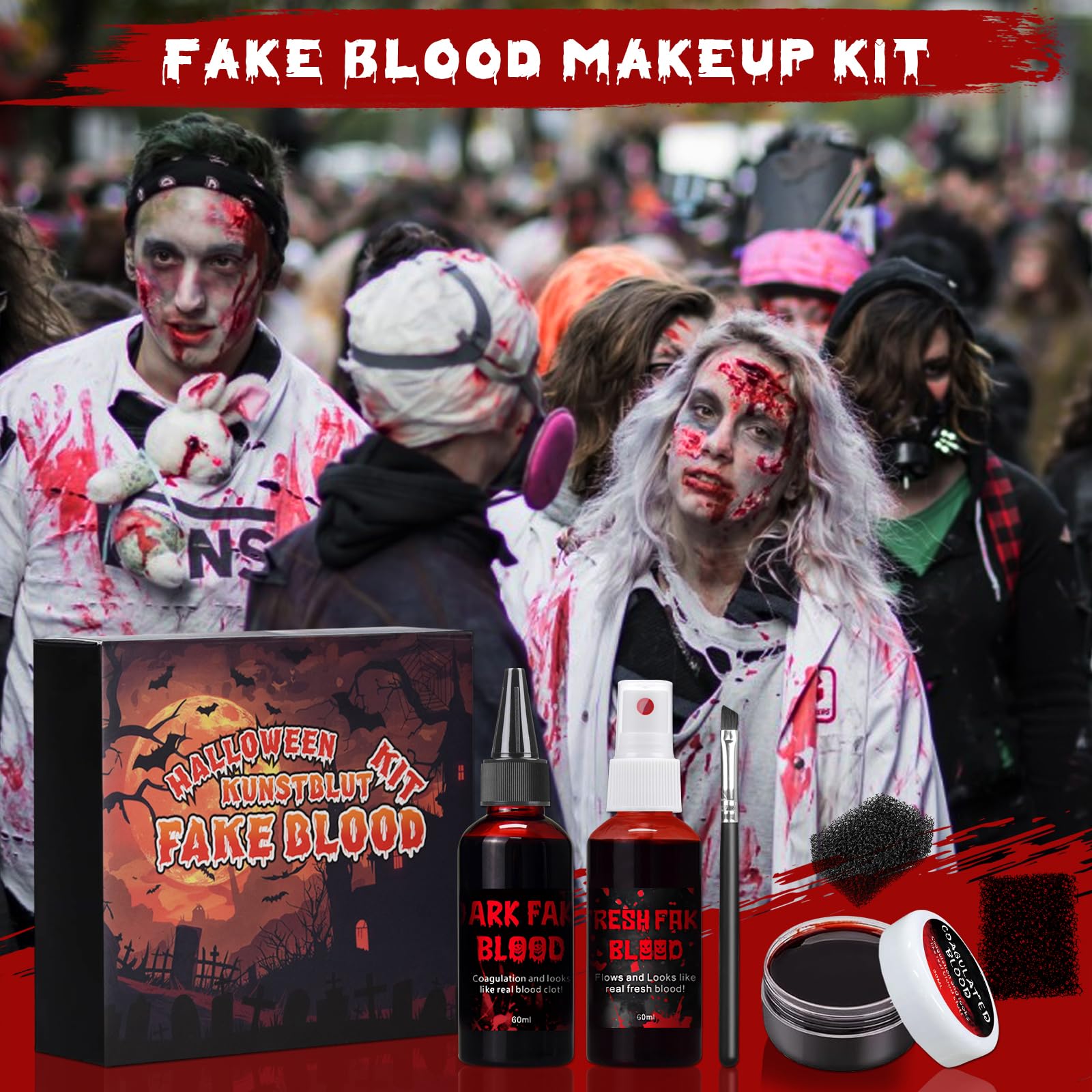 Halloween zestaw do makijażu ze sztuczną krwią, 60ml spray ze sztuczną krwią + 60ml kapiąca sztuczna krew + 30ml zakrzepłe osocze krwi + 2 gąbki + 1 pędzel do makijażu, sztuczna krew zmywalna do
