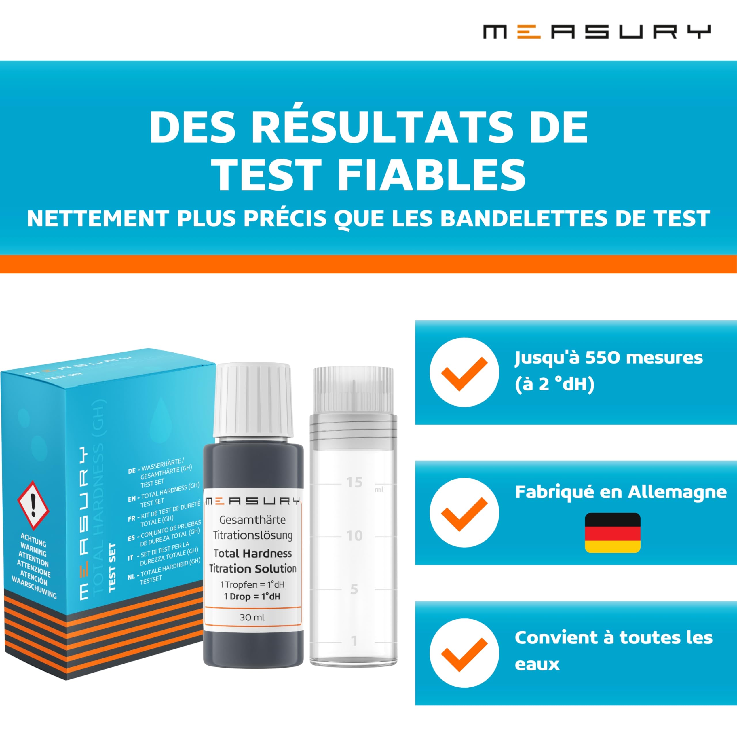 Measury Test dureté de l'eau, testeur dureté Eau, Test th fabricado en Alemania - 30 ML pour Un Maximum de 550 Tests