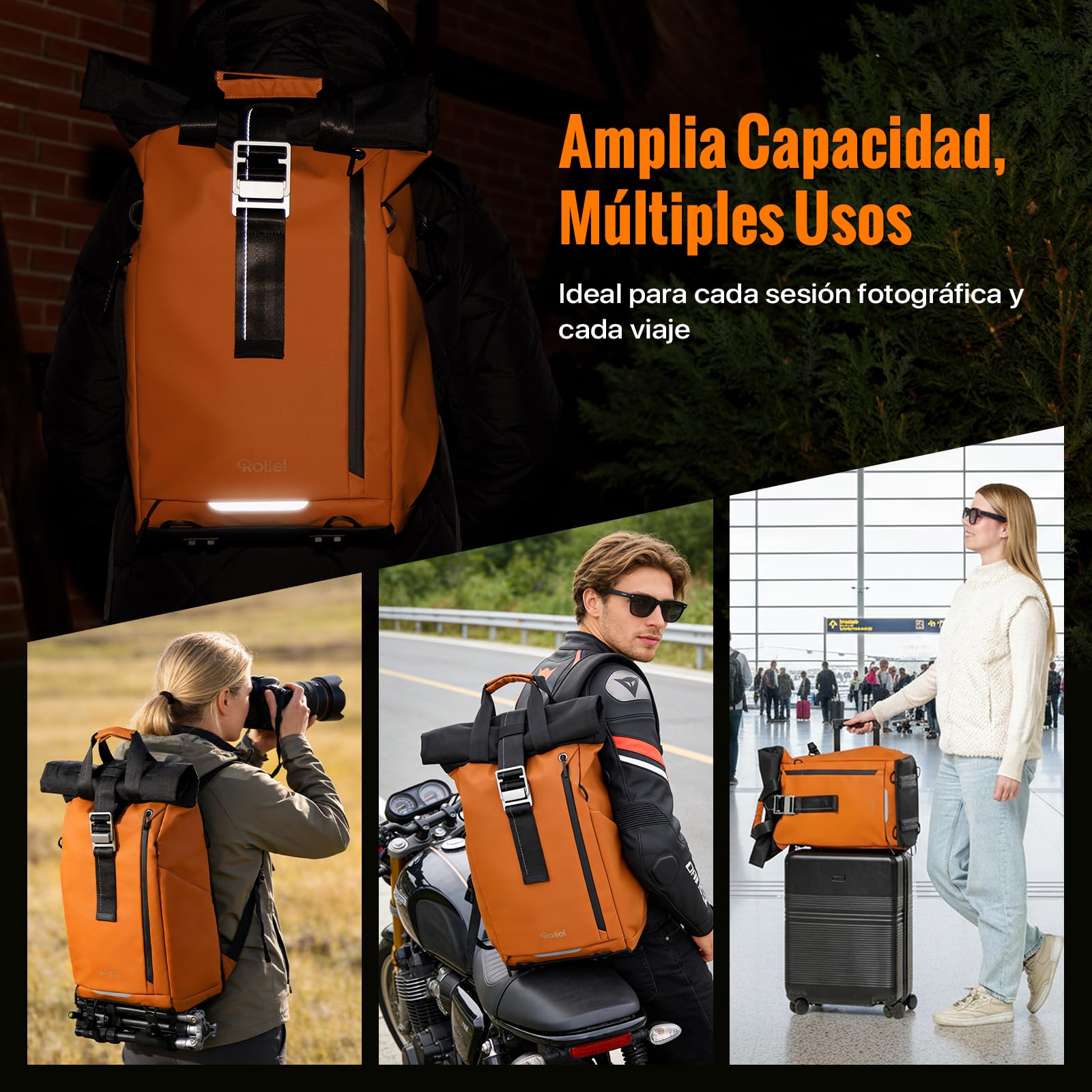 Mochila para Cámara Rollei Fotoliner Ocean Rolltop Gran Mochila Fotográfica Impermeable con Compartimento para Laptop Mochilas Camaras Fotos para Cámara DSLR 20L Naranja Cámara-Camara-Mochilas-Rolltop